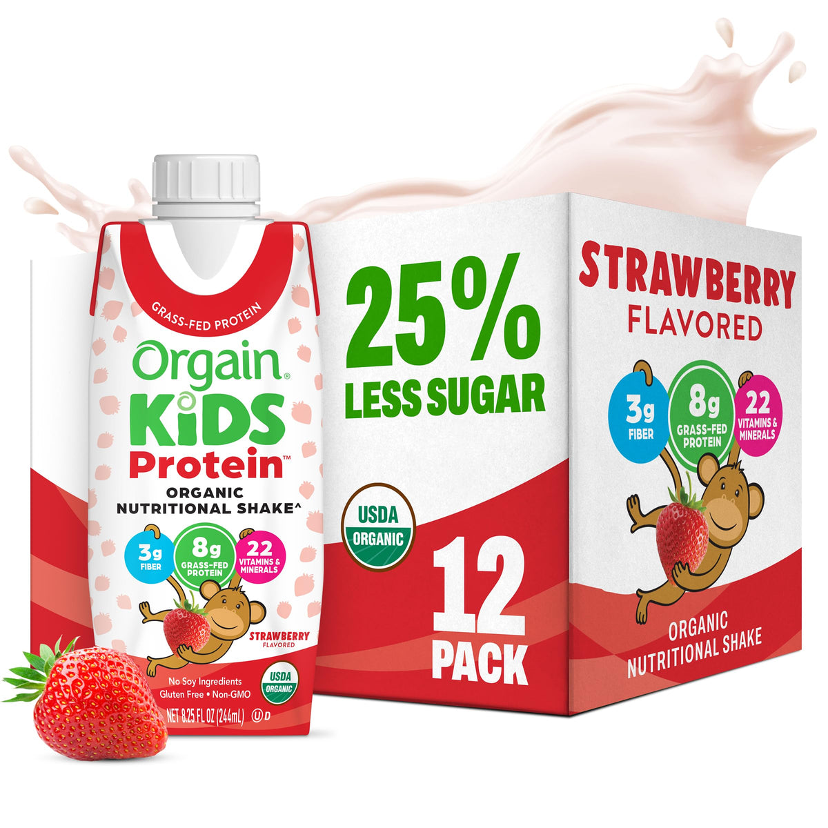 Orgain Organic Kids Protein Nutritional Shake, Chocolate - Great for Breakfast & Snacks, 21 Vitamins & Minerals, 10 Fruits & Vegetables, Gluten Free, Soy Free, 8.25 oz, 12 Count (Packaging May Vary)