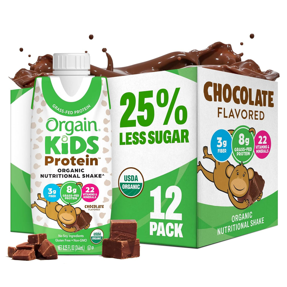 Orgain Organic Kids Protein Nutritional Shake, Chocolate - Great for Breakfast & Snacks, 21 Vitamins & Minerals, 10 Fruits & Vegetables, Gluten Free, Soy Free, 8.25 oz, 12 Count (Packaging May Vary)