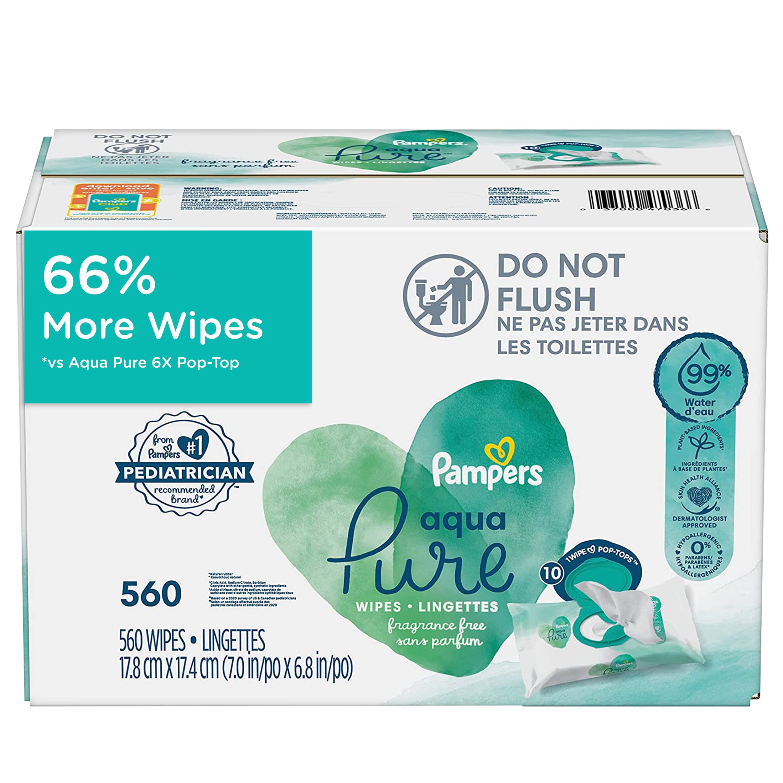 Pampers Aqua Pure Baby Wipes, 99% Water, Fragrance Free, Unscented, Water Based, Multi-Use, 896 Wipes Total (16X Flip-Top Packs) [Packaging May Vary]