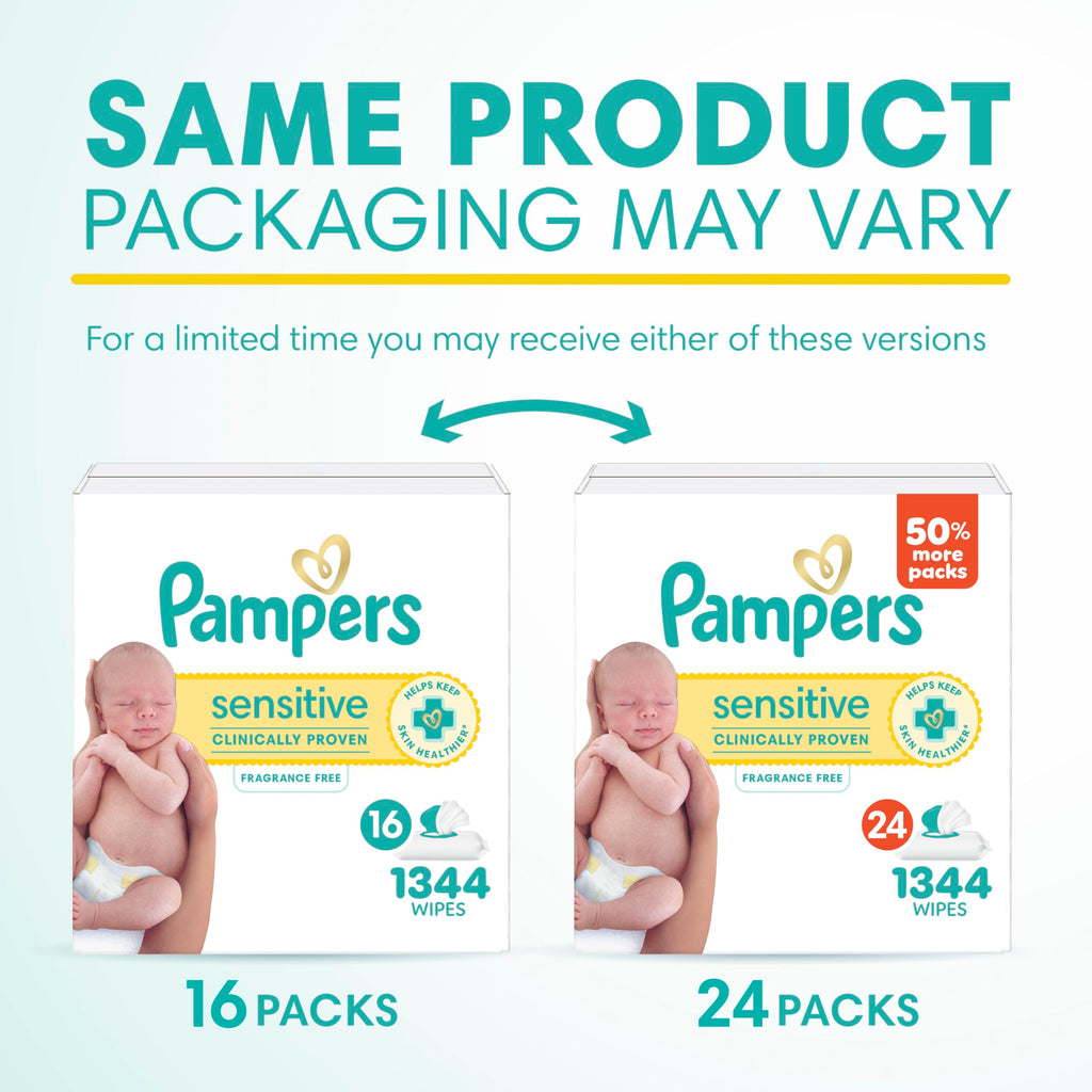 Pampers Sensitive Baby Wipes, Clinically Proven, Fragrance Free, Unscented, Water Based, Hypoallergenic, Multi-Use, Hand Wipes 1008 Wipes Total (18X Flip-Top Packs) [Packaging May Vary]