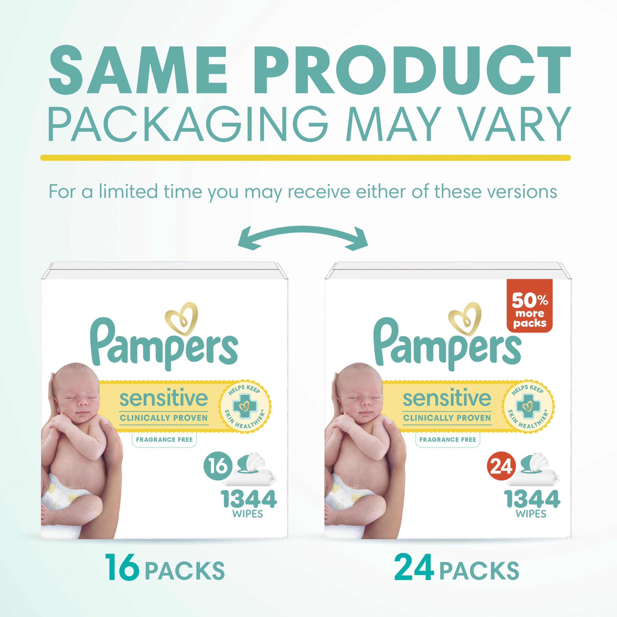 Pampers Sensitive Baby Wipes, Clinically Proven, Fragrance Free, Unscented, Water Based, Hypoallergenic, Multi-Use, Hand Wipes 1008 Wipes Total (18X Flip-Top Packs) [Packaging May Vary]