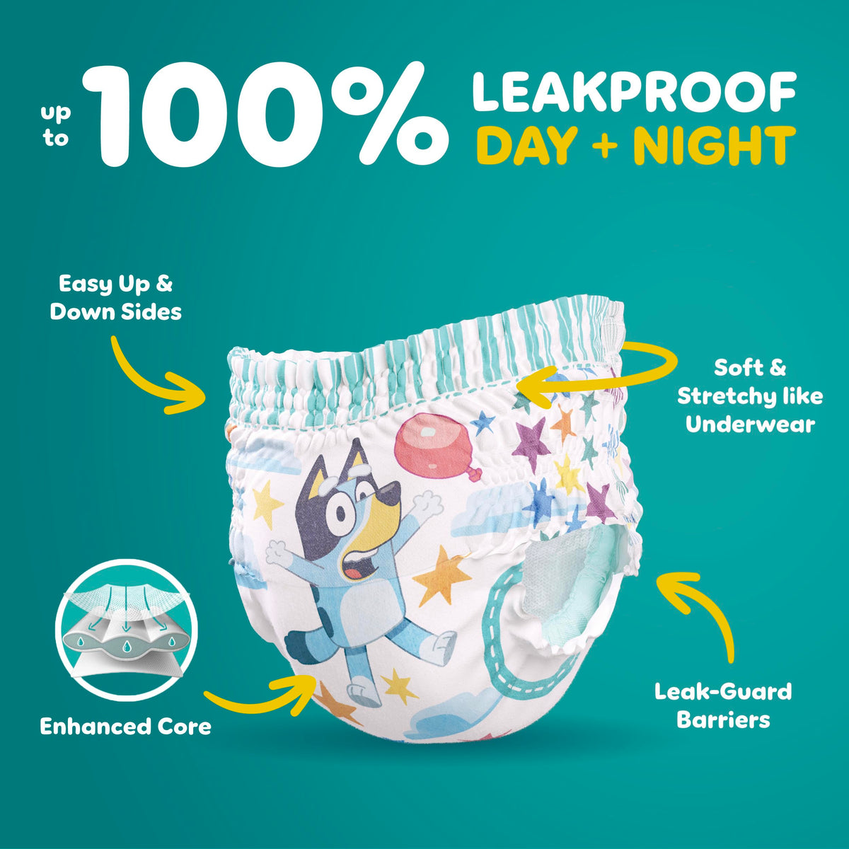 Easy Ups Girls & Boys Potty Training Pants, Size 5 (3T-4T), 124 Count, Bluey Absorbent Pull Up Training Underwear, Up to 100% Leakproof Day and Night, Hypoallergenic