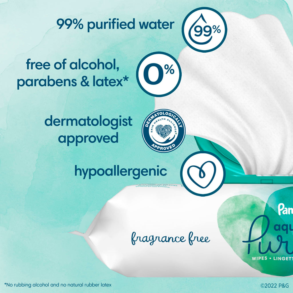 Pampers Aqua Pure Baby Wipes, 99% Water, Fragrance Free, Unscented, Water Based, Multi-Use, 896 Wipes Total (16X Flip-Top Packs) [Packaging May Vary]