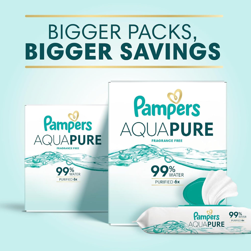Pampers Aqua Pure Baby Wipes, 99% Water, Fragrance Free, Unscented, Water Based, Multi-Use, 896 Wipes Total (16X Flip-Top Packs) [Packaging May Vary]