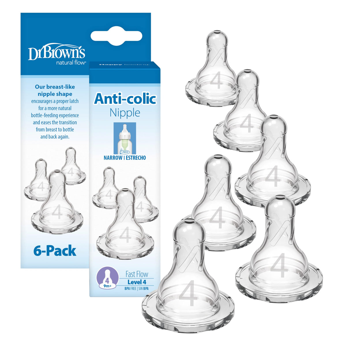 Dr. Brown’s Narrow Level 3 Medium-Fast Flow Nipple, 6m+, 6-Pack