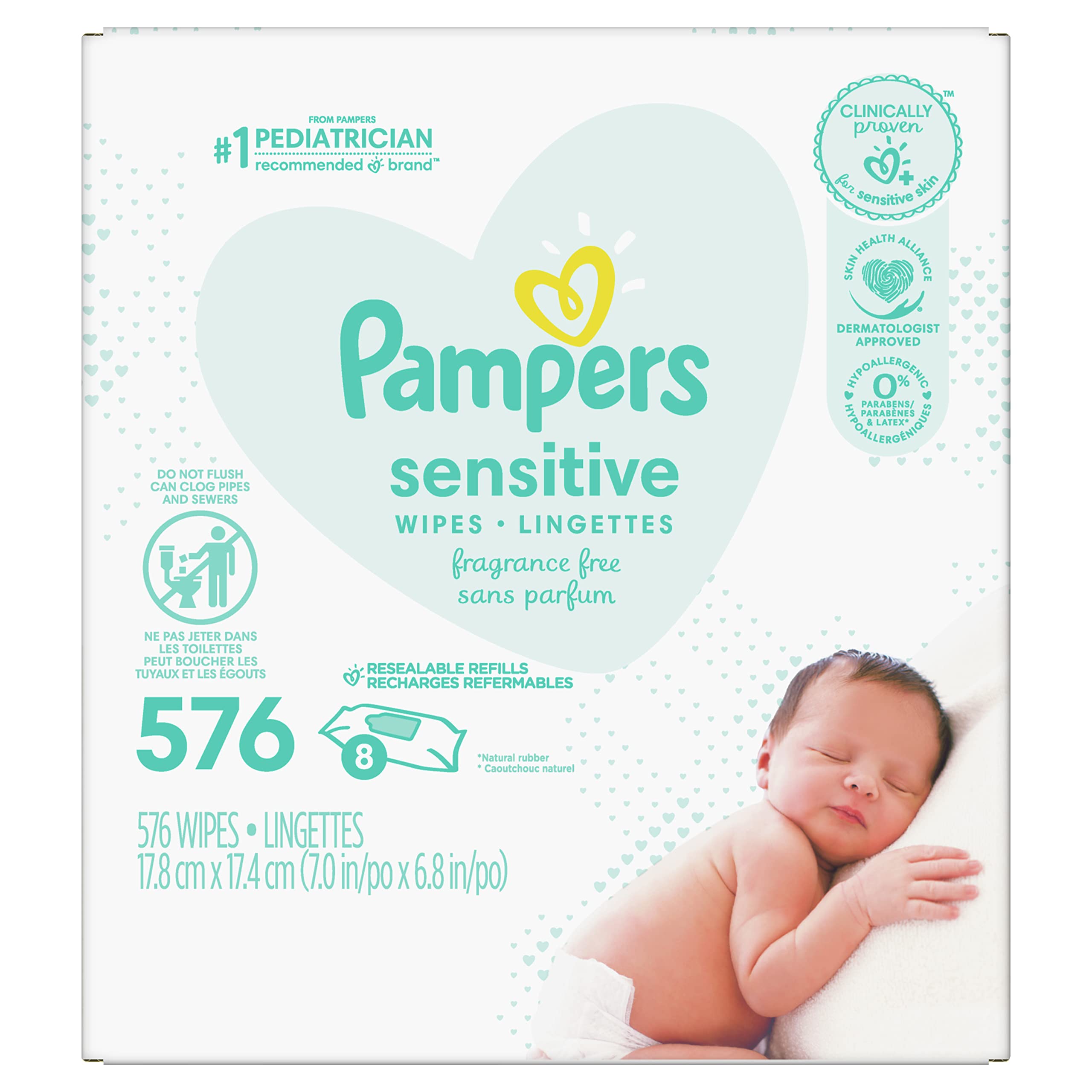 Pampers Sensitive Baby Wipes, Clinically Proven, Fragrance Free, Unscented, Water Based, Hypoallergenic, Multi-Use, Hand Wipes 1008 Wipes Total (18X Flip-Top Packs) [Packaging May Vary]