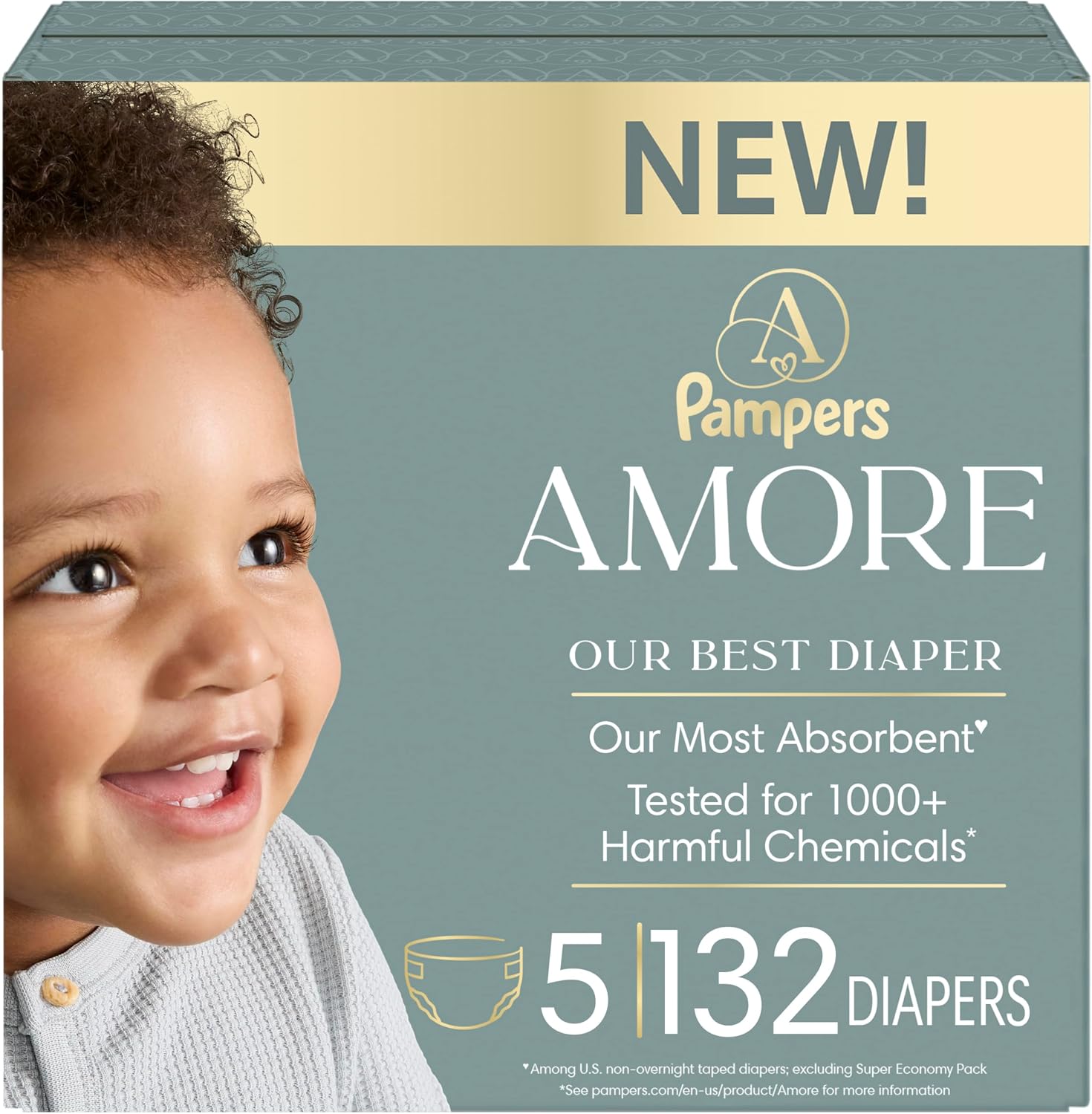 Pampers Amore, Size 4 (15-34 lbs), 150 Count, Our Best Diaper – Hypoallergenic & Fragrance Free, Up to 100% Leakproof, Soft as Cashmere