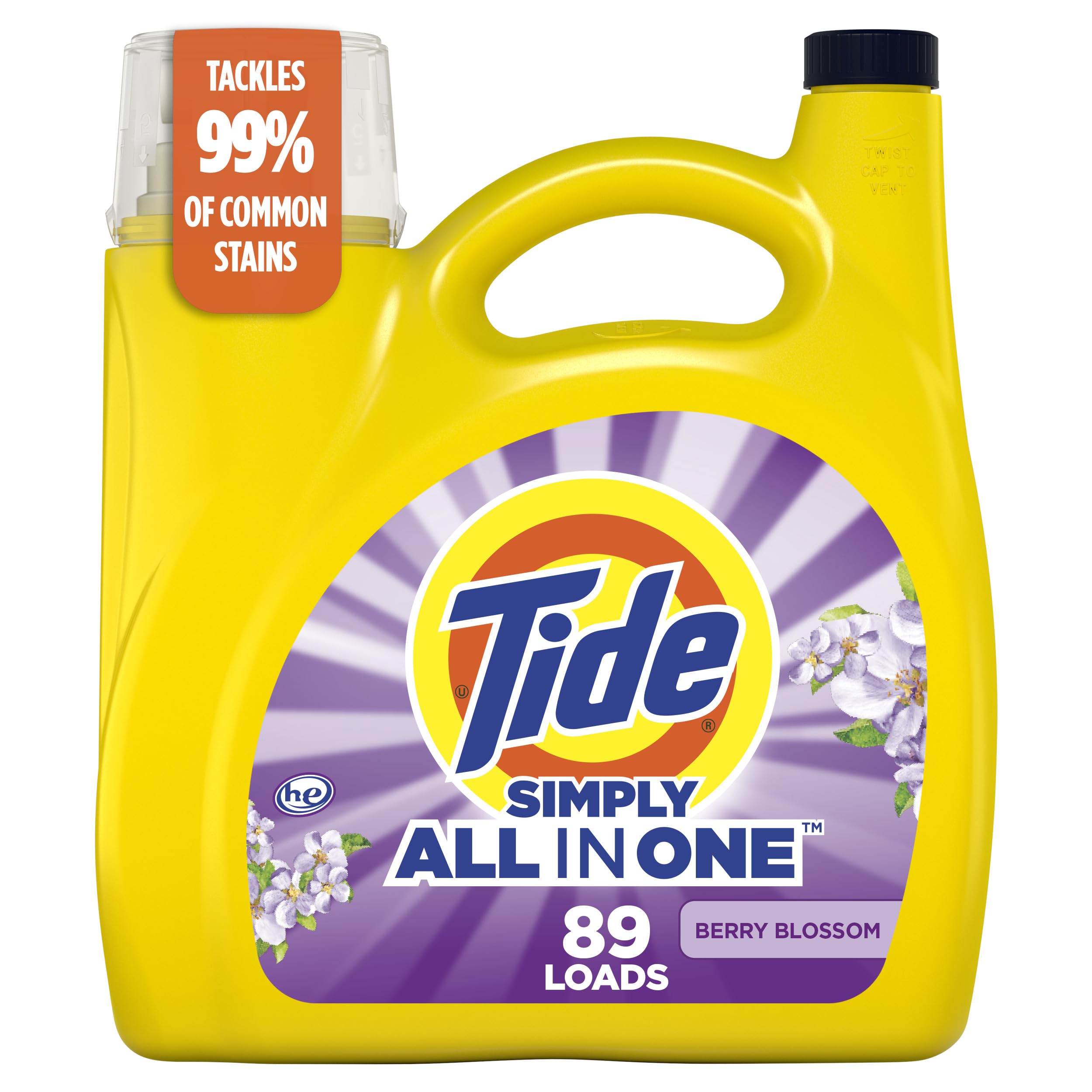 Tide Simply All-In-One Liquid Laundry Detergent, Berry Blossom Scent, 89 Loads, 117 fl oz