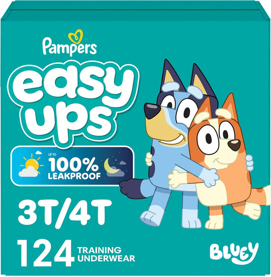 Easy Ups Girls & Boys Potty Training Pants, Size 5 (3T-4T), 124 Count, Bluey Absorbent Pull Up Training Underwear, Up to 100% Leakproof Day and Night, Hypoallergenic