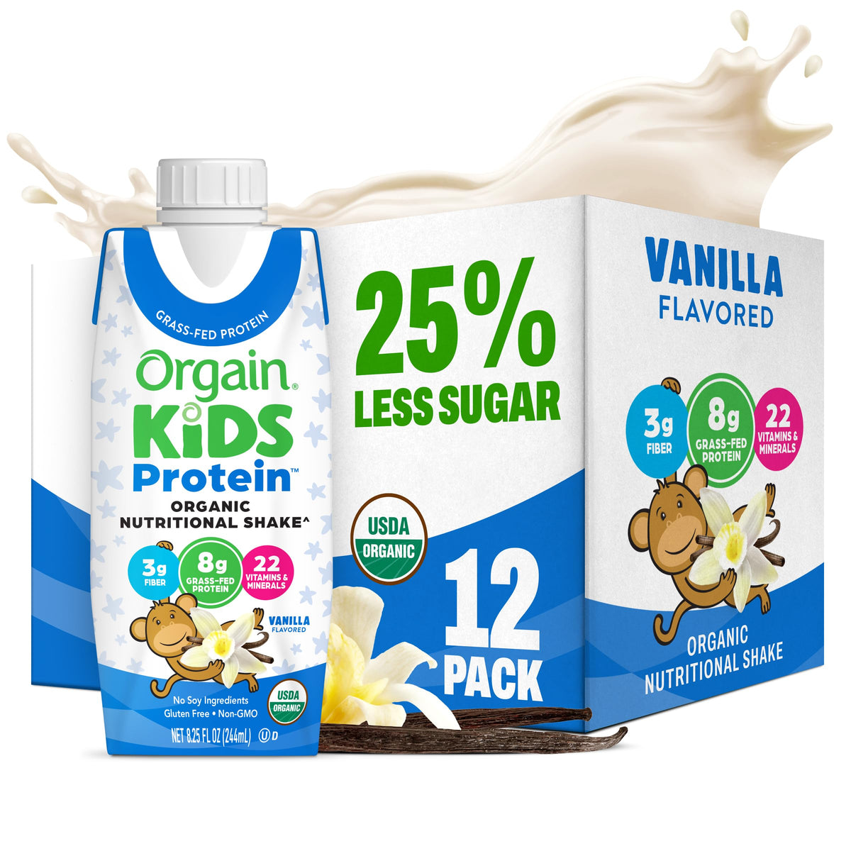 Orgain Organic Kids Protein Nutritional Shake, Chocolate - Great for Breakfast & Snacks, 21 Vitamins & Minerals, 10 Fruits & Vegetables, Gluten Free, Soy Free, 8.25 oz, 12 Count (Packaging May Vary)