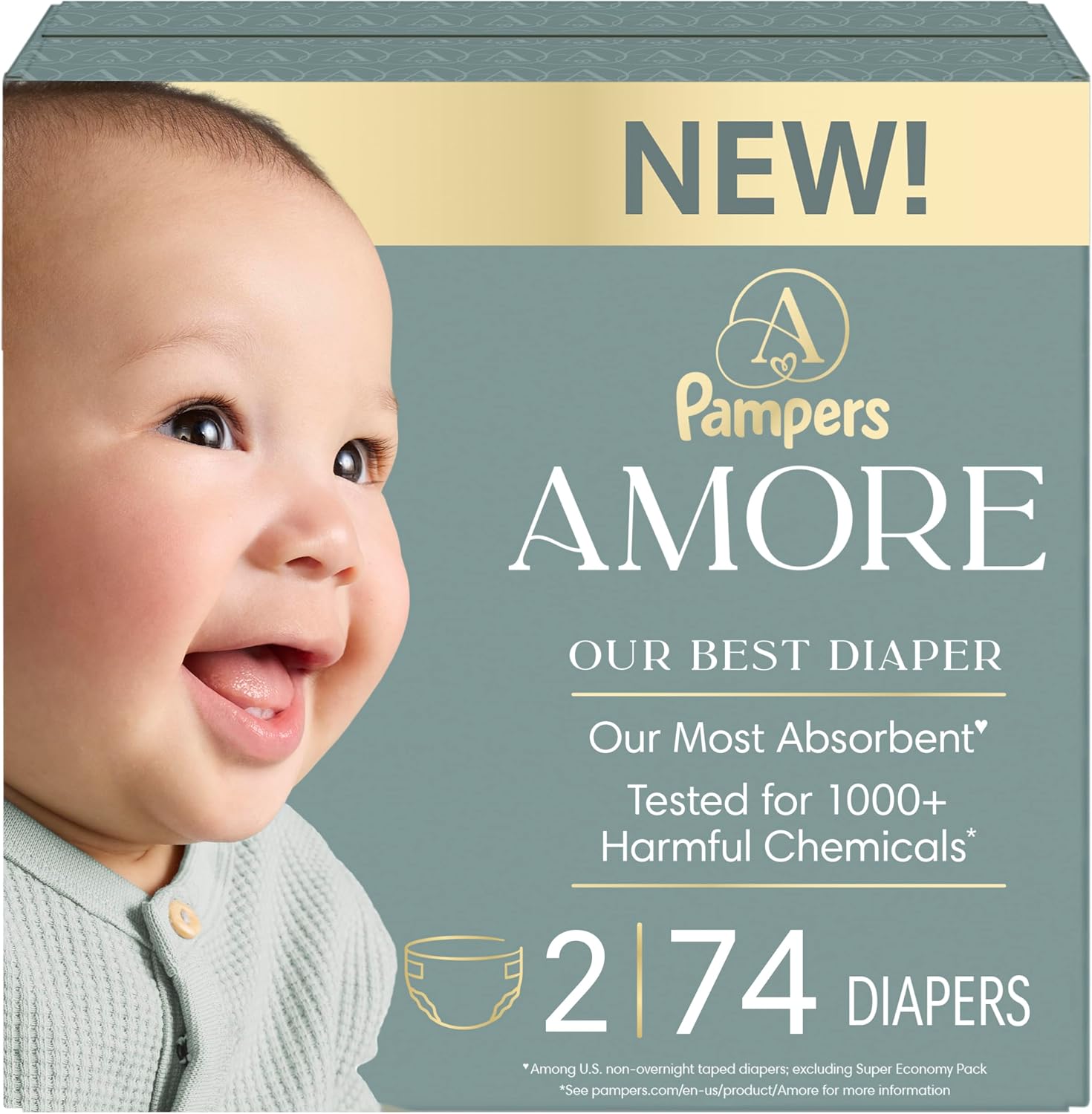 Pampers Amore, Size 4 (15-34 lbs), 150 Count, Our Best Diaper – Hypoallergenic & Fragrance Free, Up to 100% Leakproof, Soft as Cashmere