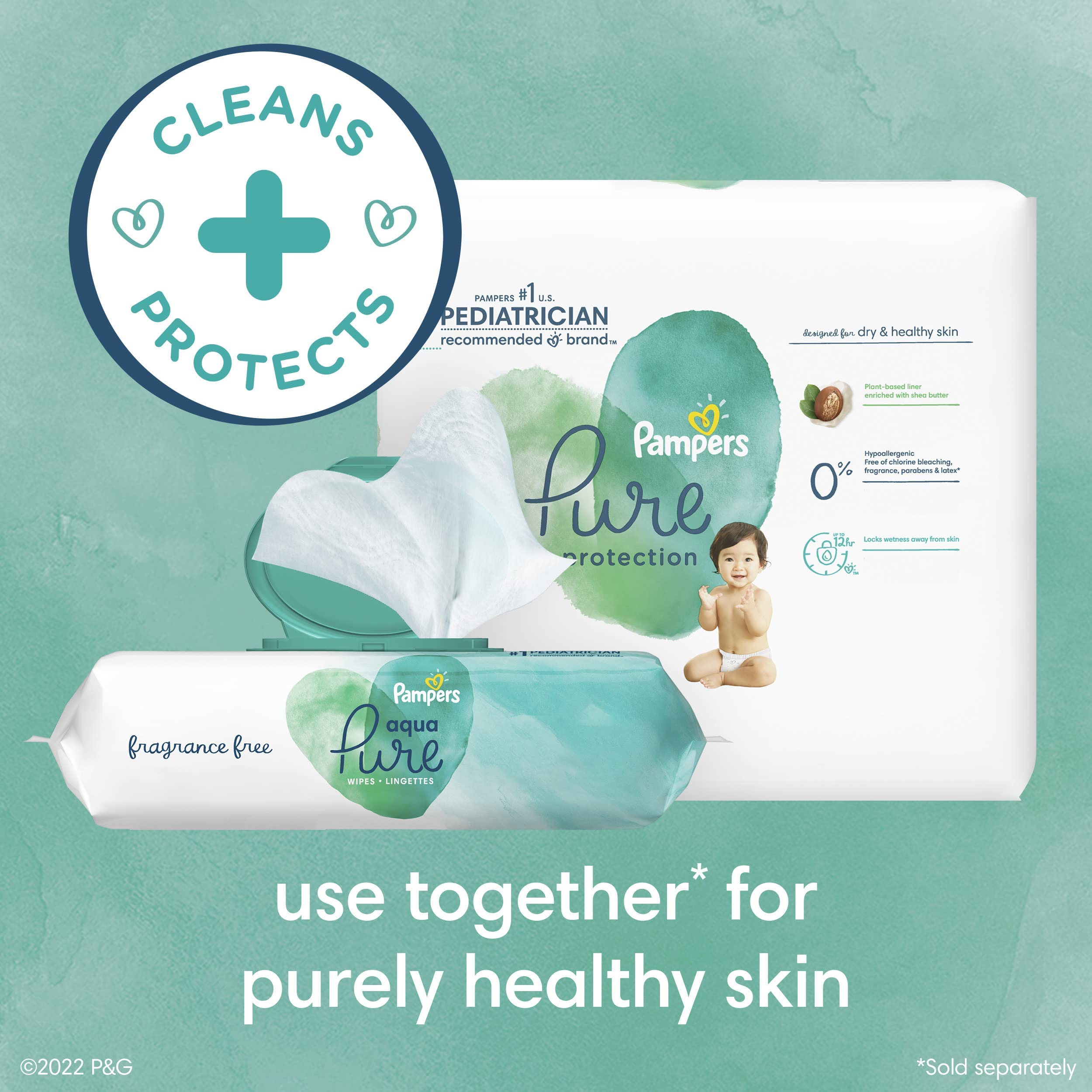 Pampers Aqua Pure Baby Wipes, 99% Water, Fragrance Free, Unscented, Water Based, Multi-Use, 896 Wipes Total (16X Flip-Top Packs) [Packaging May Vary]