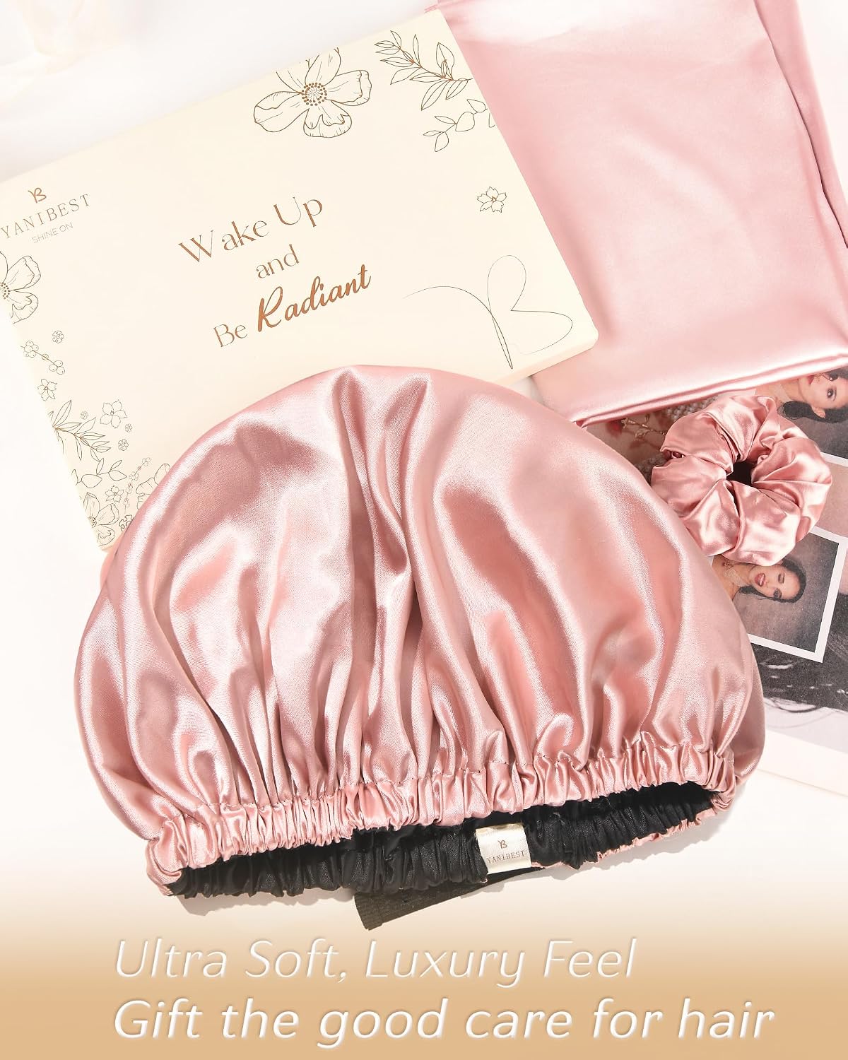 YANIBEST Adjustable Satin Bonnet Double Layer Hair Bonnet for Sleeping Bonnets for Women Hats Curly Natural Hair, Blush Pink