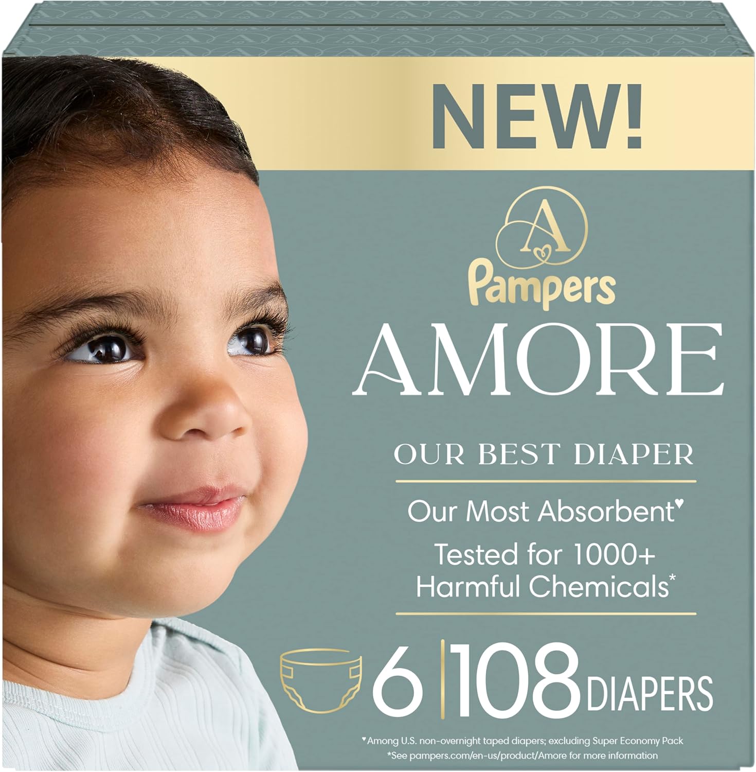 Pampers Amore, Size 4 (15-34 lbs), 150 Count, Our Best Diaper – Hypoallergenic & Fragrance Free, Up to 100% Leakproof, Soft as Cashmere