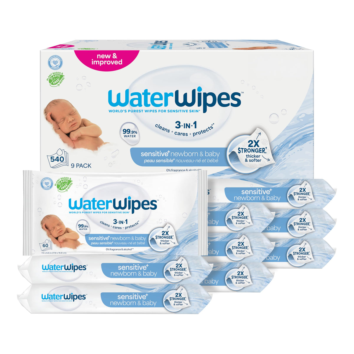 WaterWipes Sensitive+ Newborn & Baby Wipes, 3-In-1 Cleans, Cares, Protects, 99.9% Water, Unscented & Hypoallergenic, 720 Count (12 Packs)