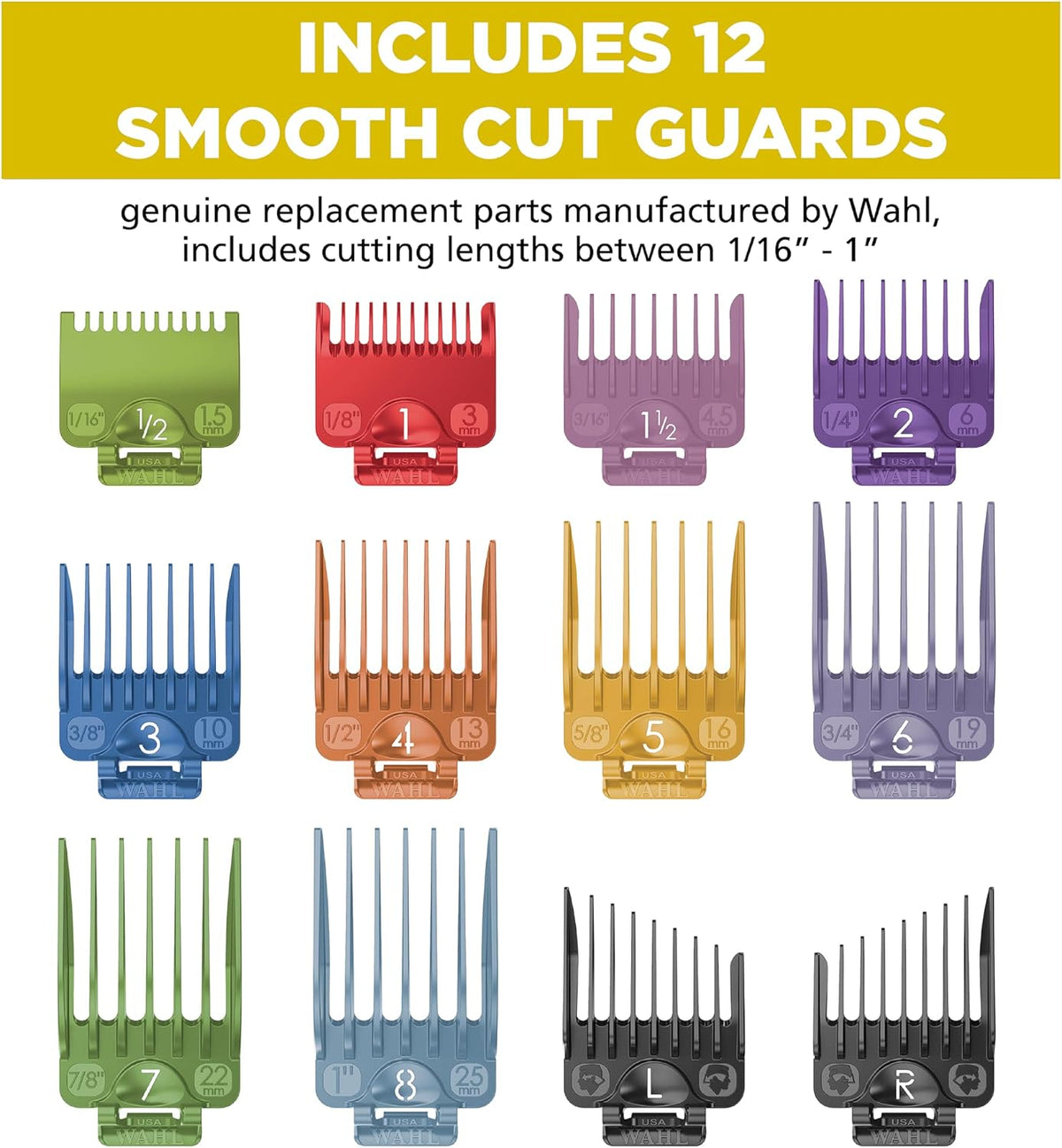 Wahl Genuine SECURE-SNAP Colored Metal Clip Guard Set, 12 Guards & Caddy