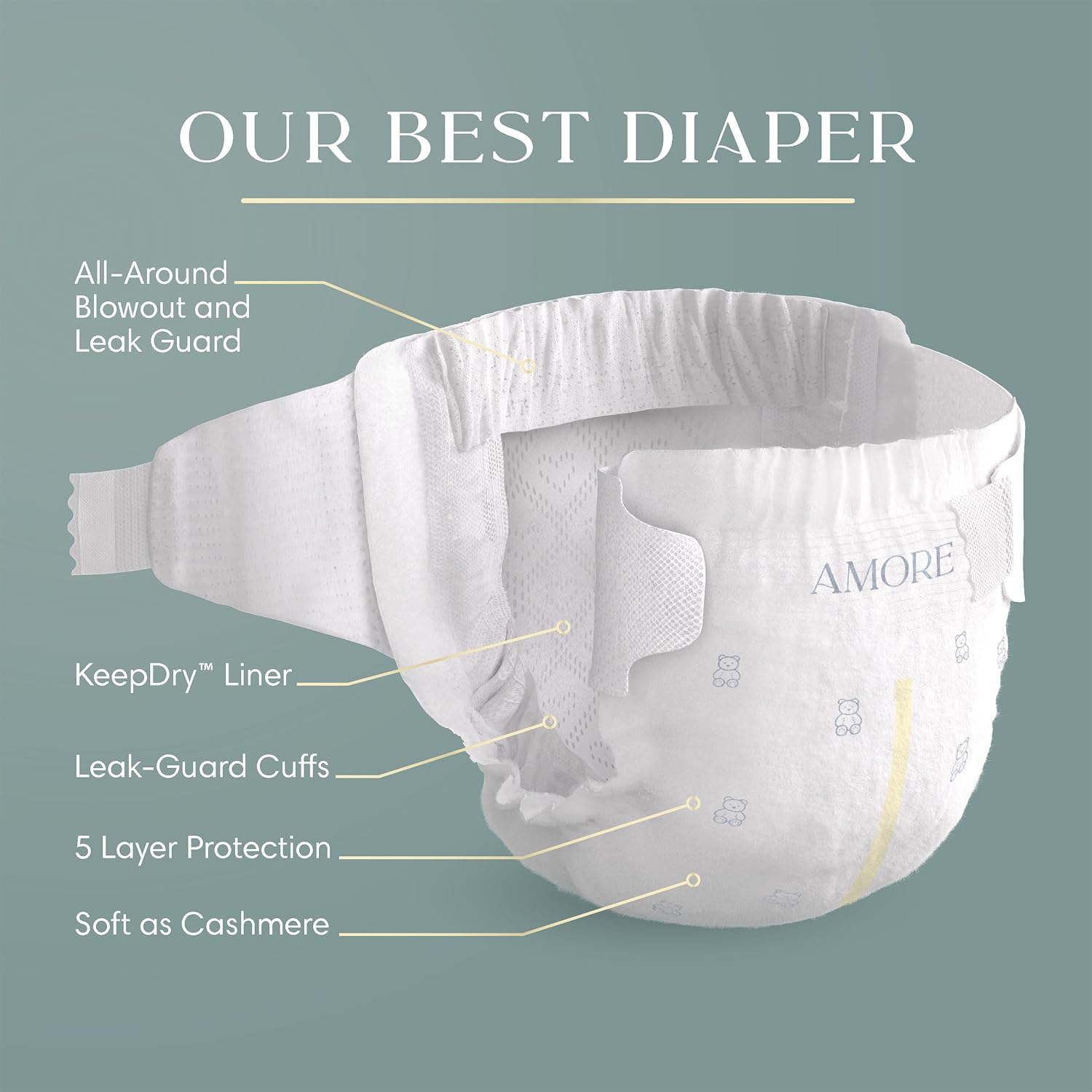 Pampers Amore, Size 4 (15-34 lbs), 150 Count, Our Best Diaper – Hypoallergenic & Fragrance Free, Up to 100% Leakproof, Soft as Cashmere