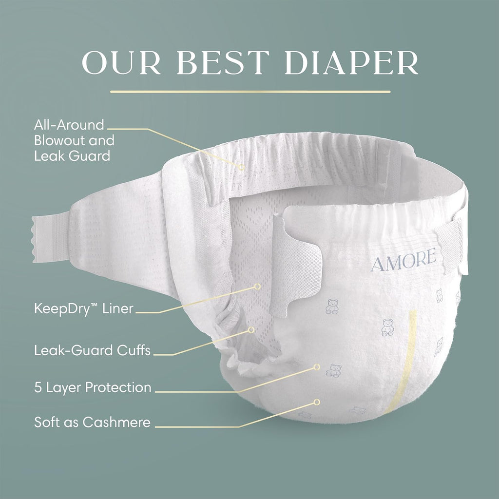 Pampers Amore, Size 4 (15-34 lbs), 150 Count, Our Best Diaper – Hypoallergenic & Fragrance Free, Up to 100% Leakproof, Soft as Cashmere