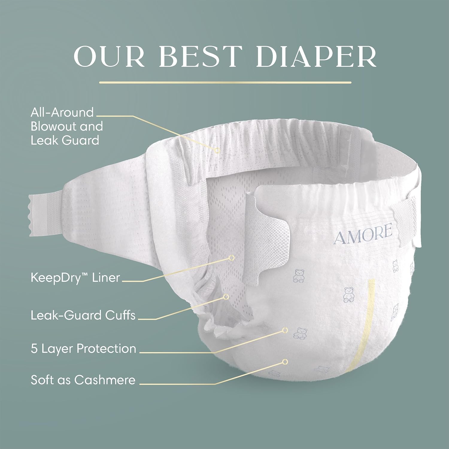 Pampers Amore, Size 4 (15-34 lbs), 150 Count, Our Best Diaper – Hypoallergenic & Fragrance Free, Up to 100% Leakproof, Soft as Cashmere