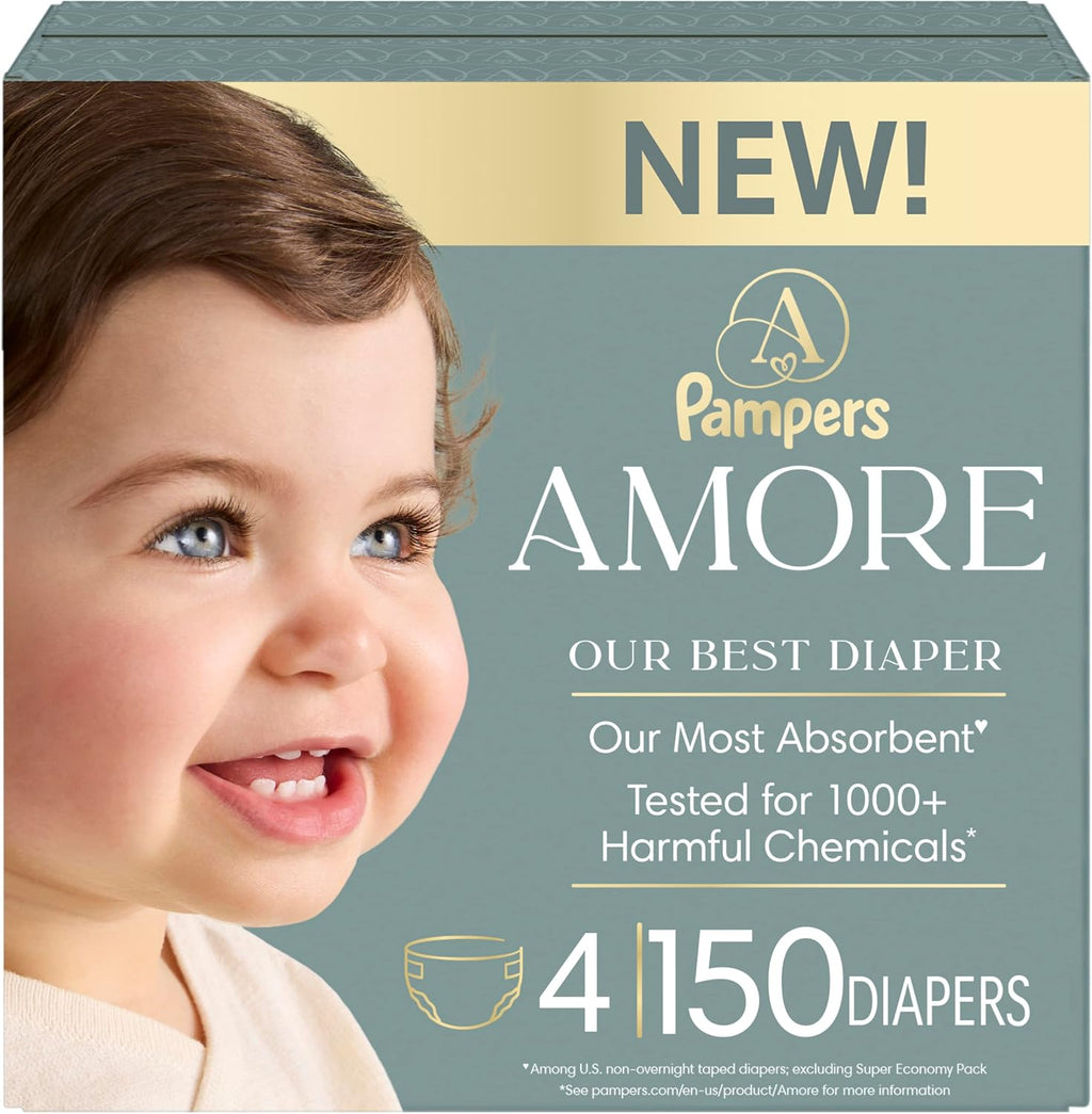 Pampers Amore, Size 4 (15-34 lbs), 150 Count, Our Best Diaper – Hypoallergenic & Fragrance Free, Up to 100% Leakproof, Soft as Cashmere