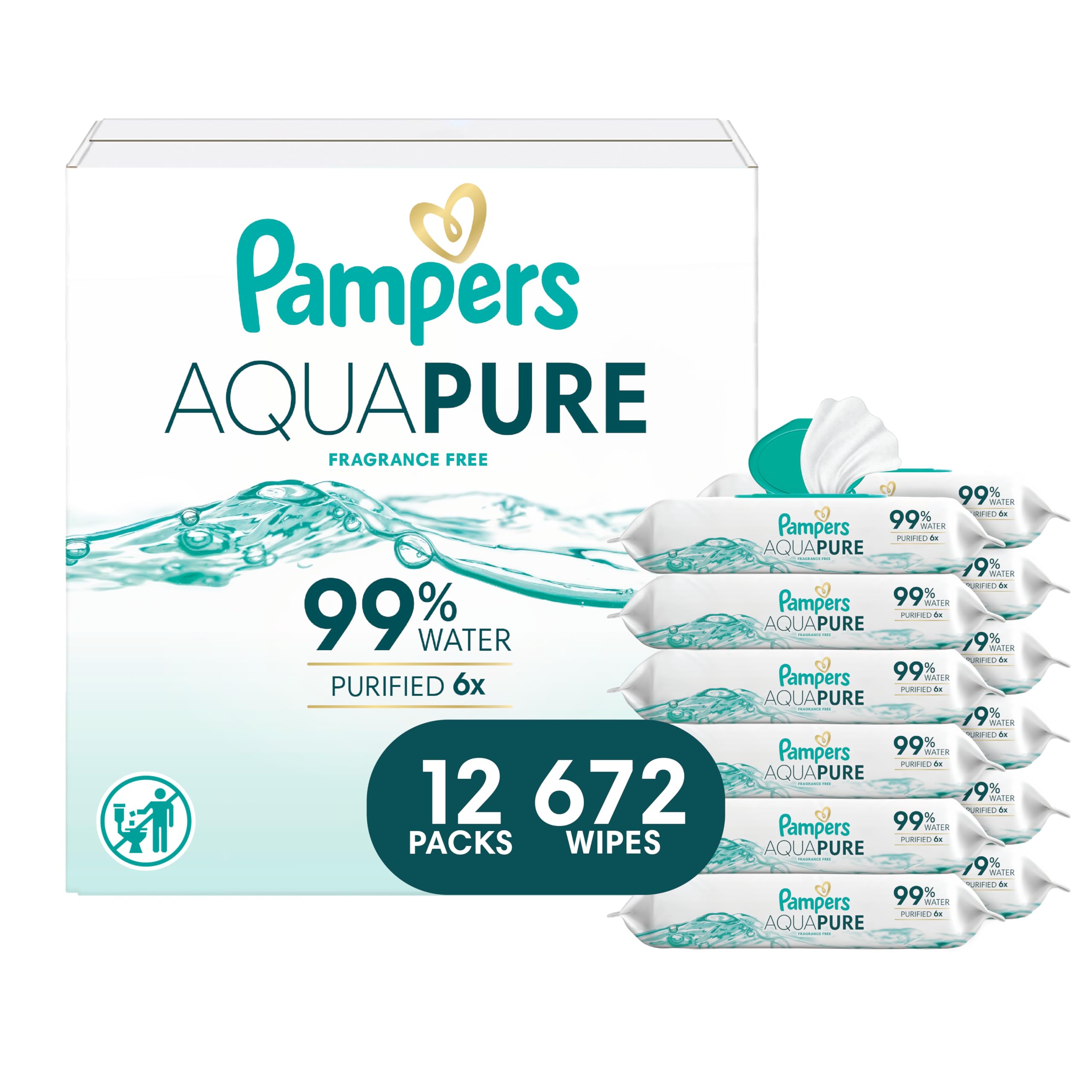 Pampers Aqua Pure Baby Wipes, 99% Water, Fragrance Free, Unscented, Water Based, Multi-Use, 896 Wipes Total (16X Flip-Top Packs) [Packaging May Vary]