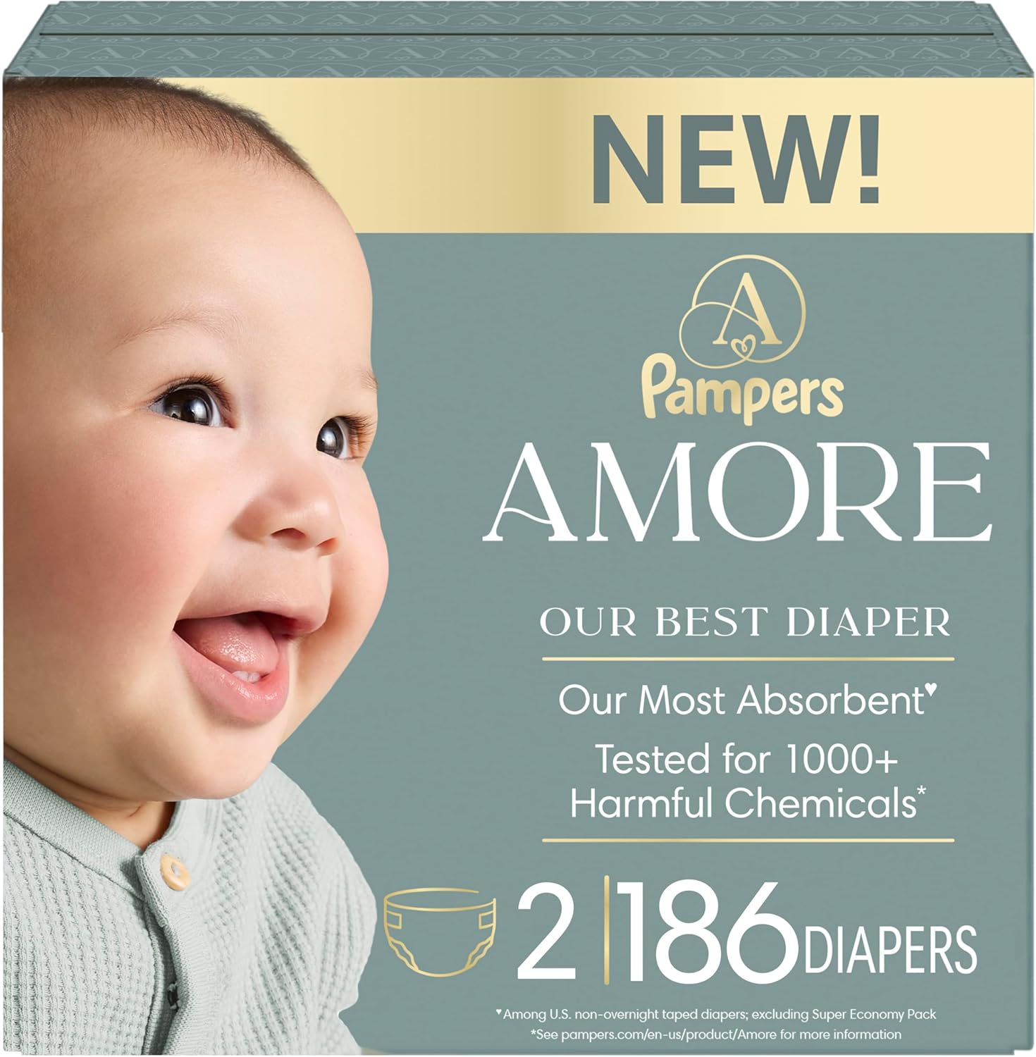 Pampers Amore, Size 4 (15-34 lbs), 150 Count, Our Best Diaper – Hypoallergenic & Fragrance Free, Up to 100% Leakproof, Soft as Cashmere