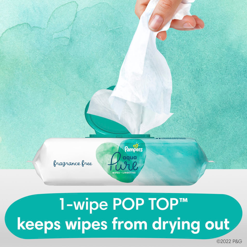 Pampers Aqua Pure Baby Wipes, 99% Water, Fragrance Free, Unscented, Water Based, Multi-Use, 896 Wipes Total (16X Flip-Top Packs) [Packaging May Vary]