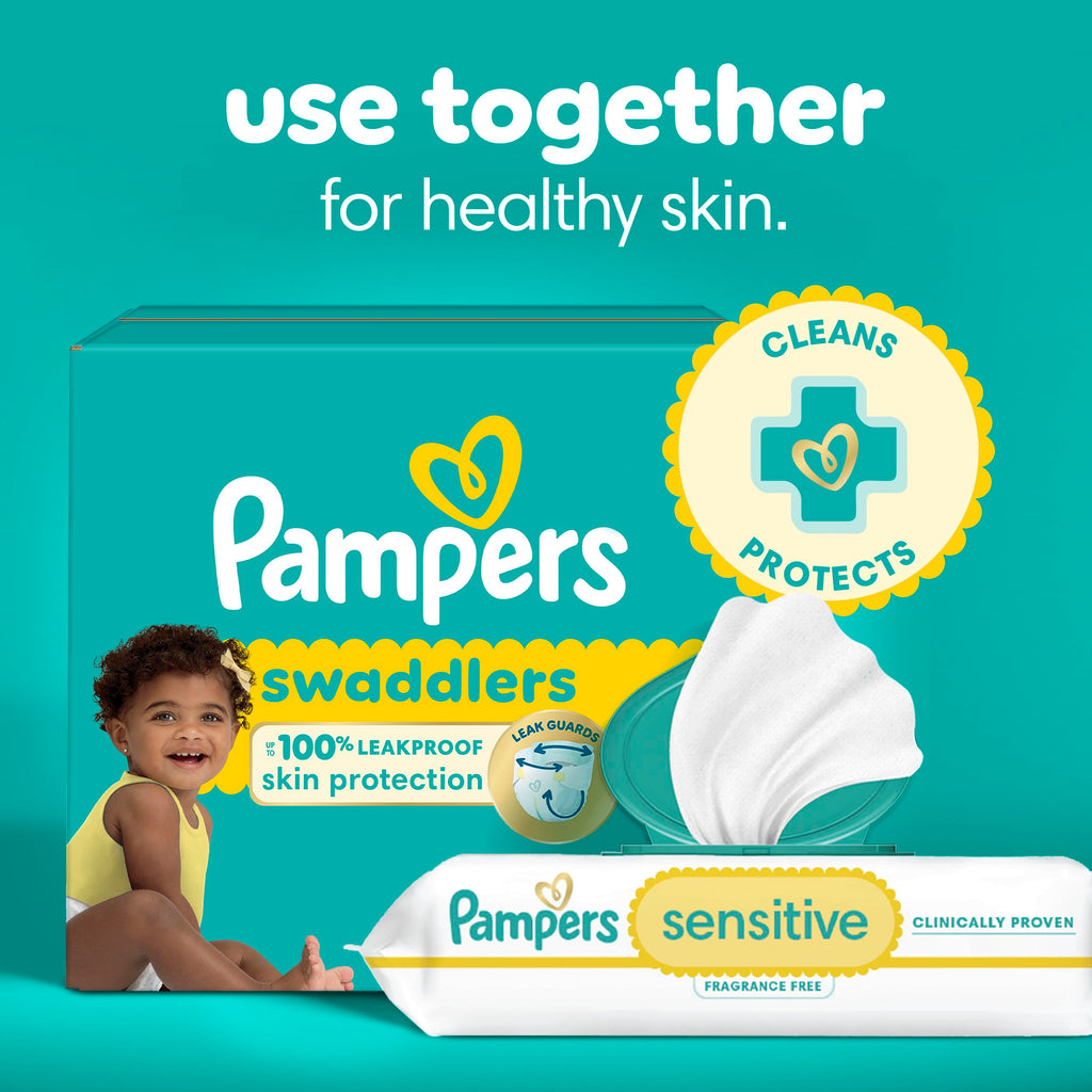 Pampers Sensitive Baby Wipes, Clinically Proven, Fragrance Free, Unscented, Water Based, Hypoallergenic, Multi-Use, Hand Wipes 1008 Wipes Total (18X Flip-Top Packs) [Packaging May Vary]