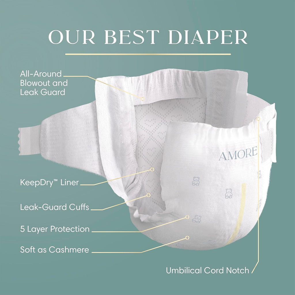 Pampers Amore, Size 4 (15-34 lbs), 150 Count, Our Best Diaper – Hypoallergenic & Fragrance Free, Up to 100% Leakproof, Soft as Cashmere