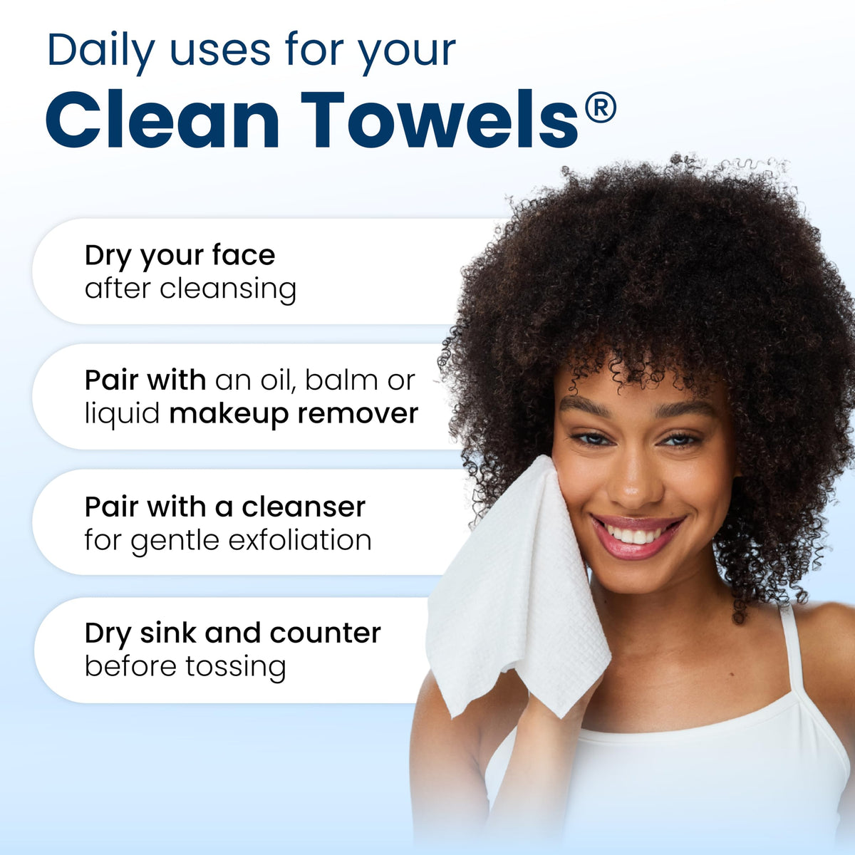 Clean Skin Club Clean Towels XL®, 100% USDA Biobased Face Towel, Disposable Face Towelette, Eczema Association Accepted, Makeup Remover Dry Wipes, Ultra Soft, 1 Pack, 50 Ct