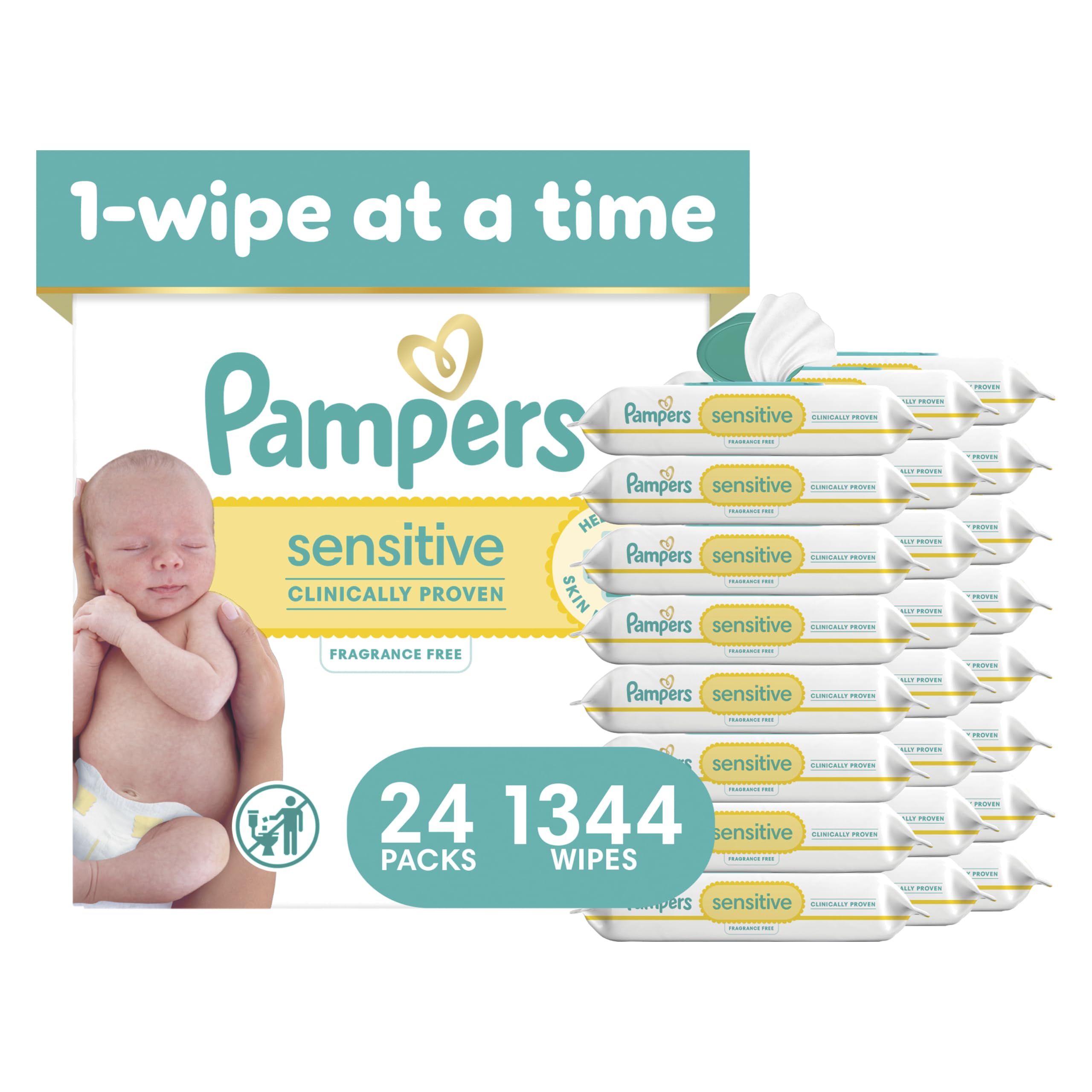 Pampers Sensitive Baby Wipes, Clinically Proven, Fragrance Free, Unscented, Water Based, Hypoallergenic, Multi-Use, Hand Wipes 1008 Wipes Total (18X Flip-Top Packs) [Packaging May Vary]