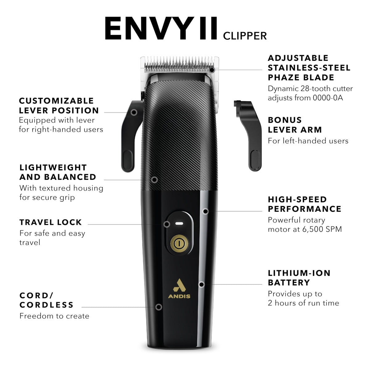 Andis Envy II Cordless Clipper Premium Edition, Phaze Blade, Gold, Lithium