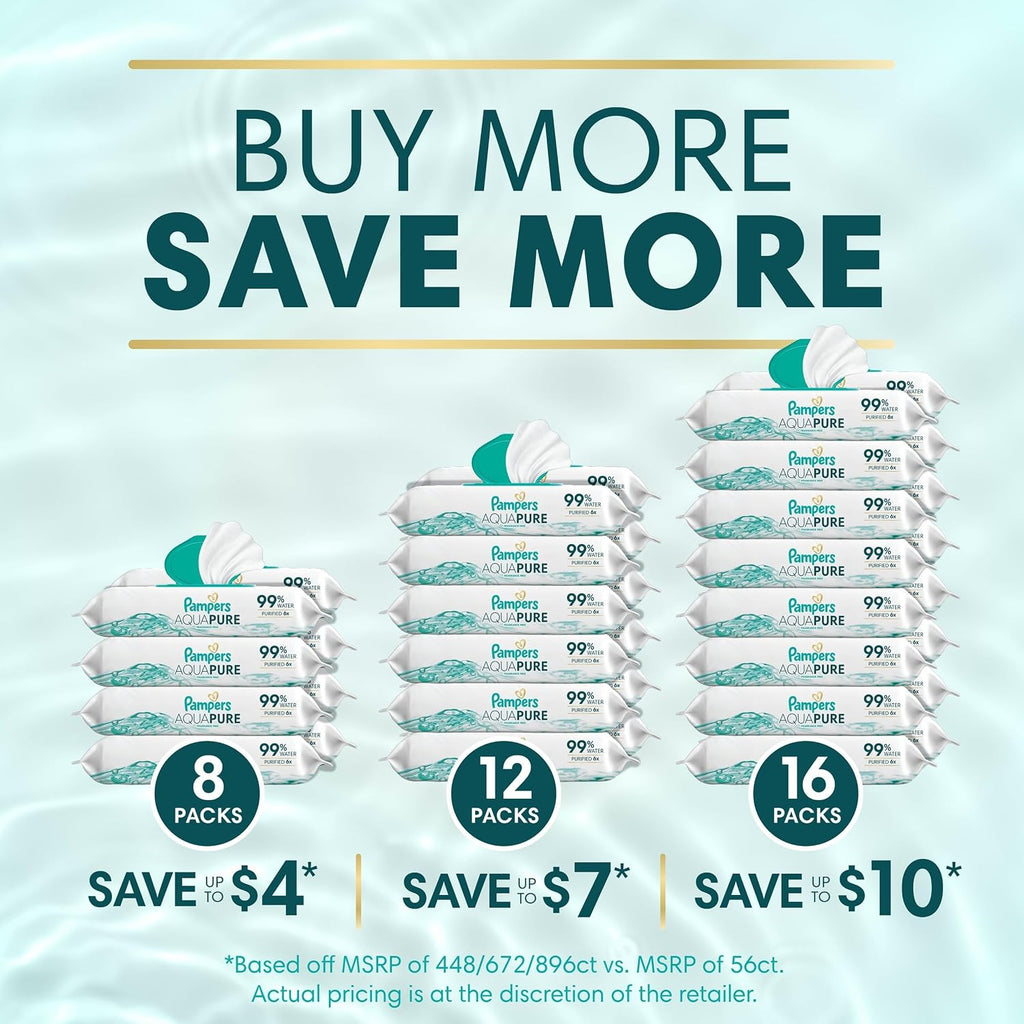 Pampers Aqua Pure Baby Wipes, 99% Water, Fragrance Free, Unscented, Water Based, Multi-Use, 896 Wipes Total (16X Flip-Top Packs) [Packaging May Vary]