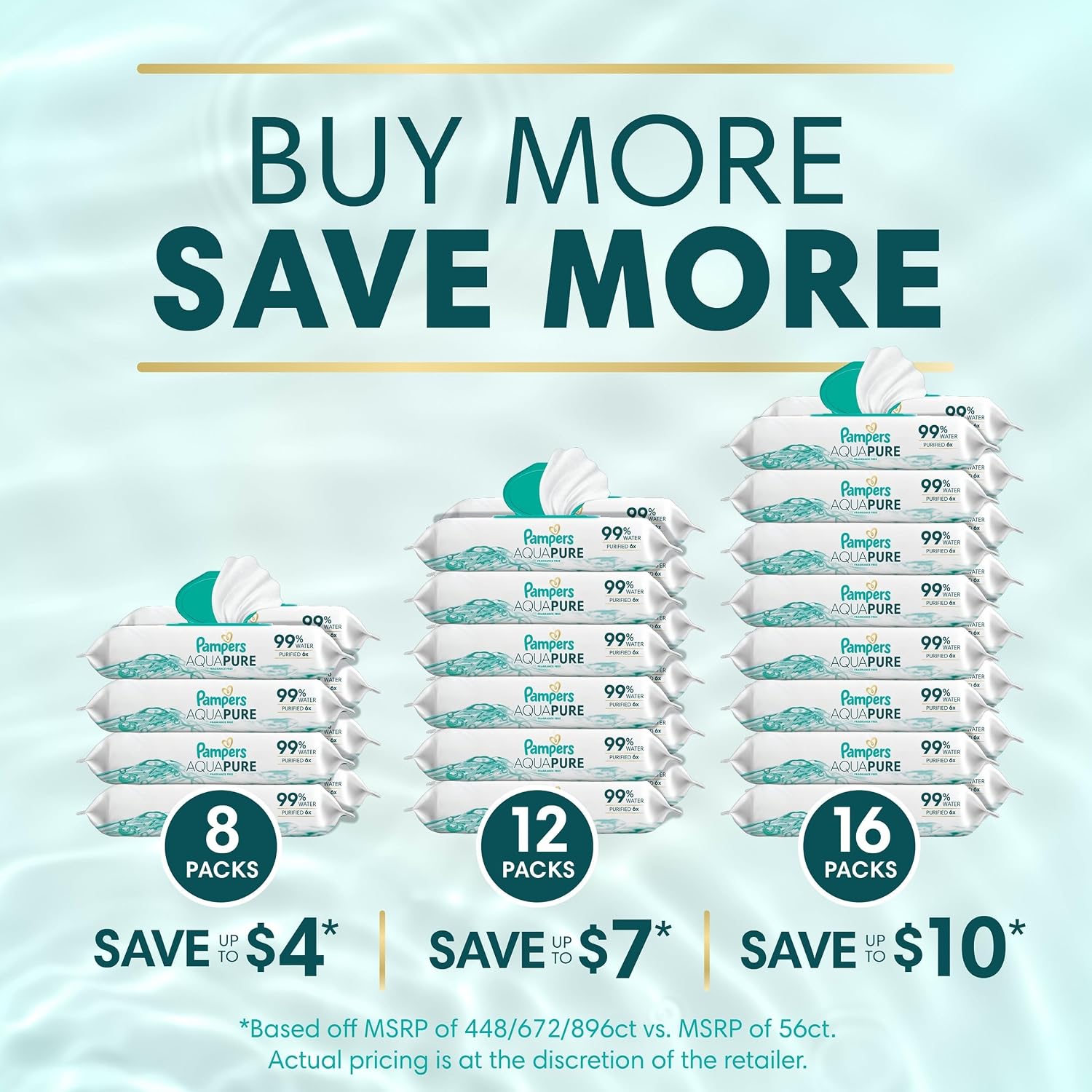 Pampers Aqua Pure Baby Wipes, 99% Water, Fragrance Free, Unscented, Water Based, Multi-Use, 896 Wipes Total (16X Flip-Top Packs) [Packaging May Vary]