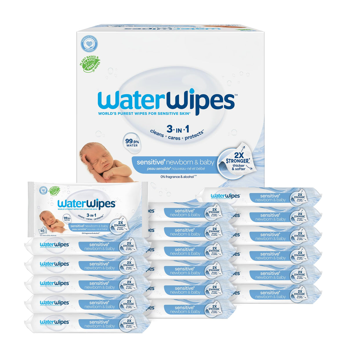 WaterWipes Sensitive+ Newborn & Baby Wipes, 3-In-1 Cleans, Cares, Protects, 99.9% Water, Unscented & Hypoallergenic, 720 Count (12 Packs)