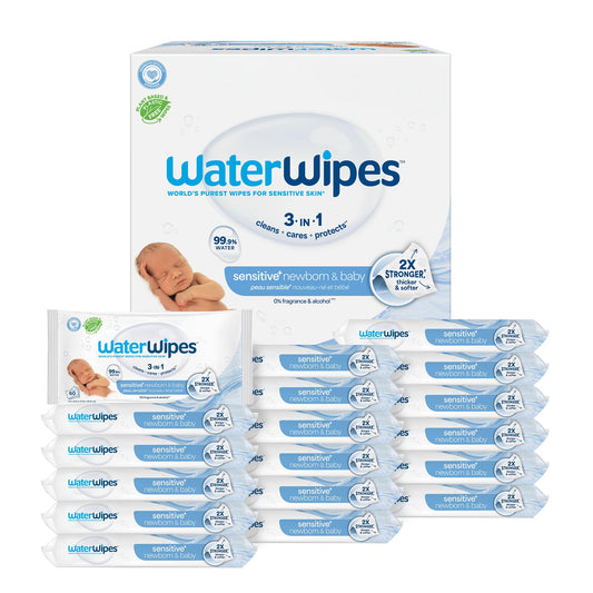 WaterWipes Sensitive+ Newborn & Baby Wipes, 3-In-1 Cleans, Cares, Protects, 99.9% Water, Unscented & Hypoallergenic, 720 Count (12 Packs)