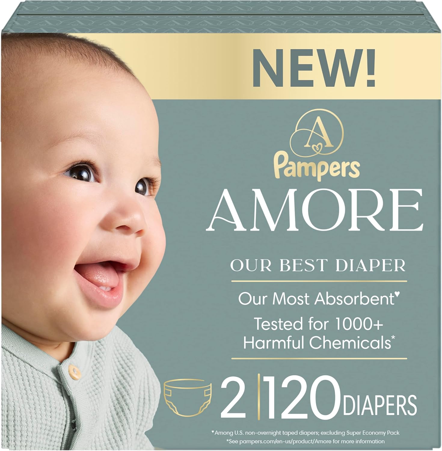 Pampers Amore, Size 4 (15-34 lbs), 150 Count, Our Best Diaper – Hypoallergenic & Fragrance Free, Up to 100% Leakproof, Soft as Cashmere