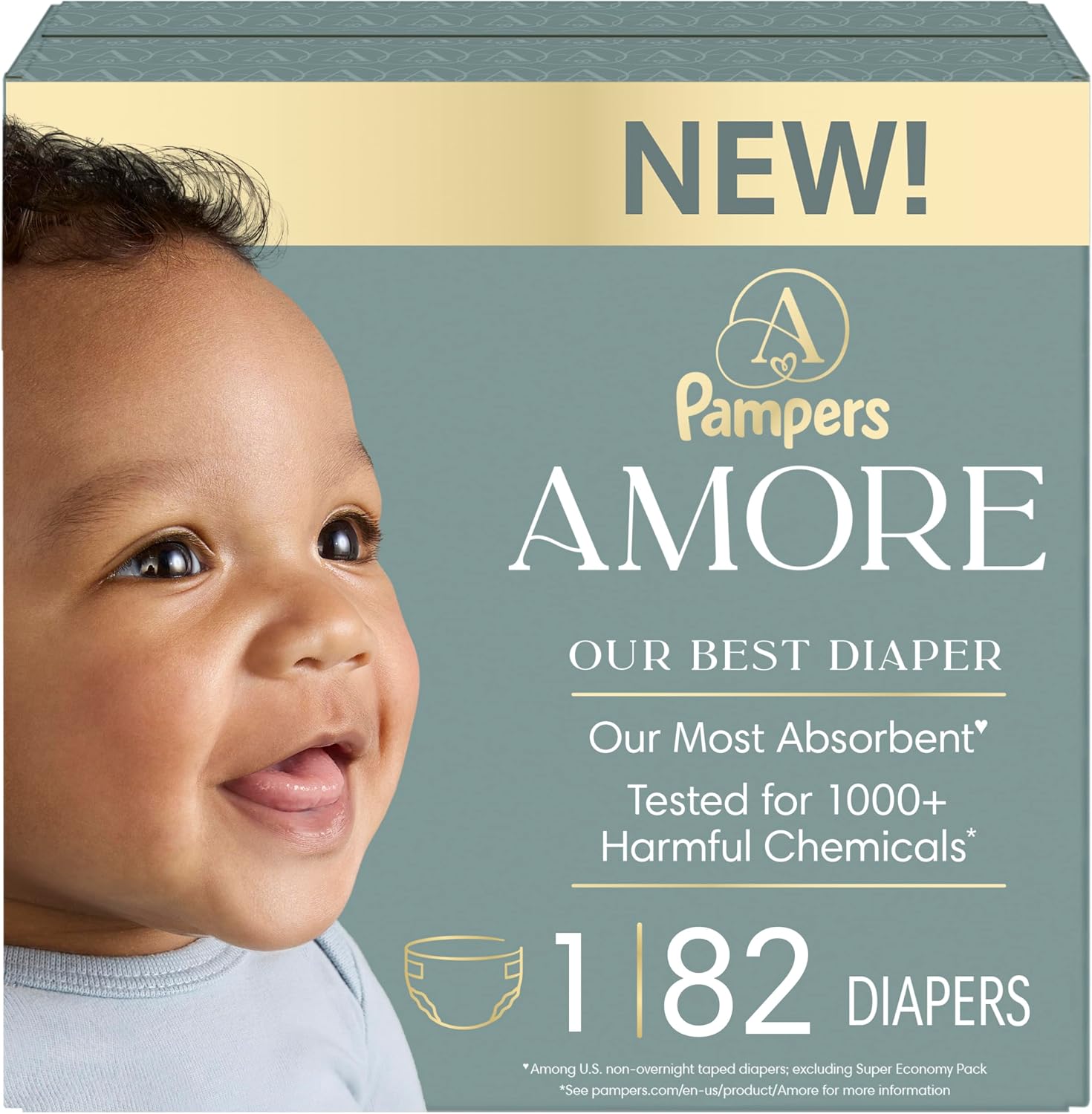 Pampers Amore, Size 4 (15-34 lbs), 150 Count, Our Best Diaper – Hypoallergenic & Fragrance Free, Up to 100% Leakproof, Soft as Cashmere