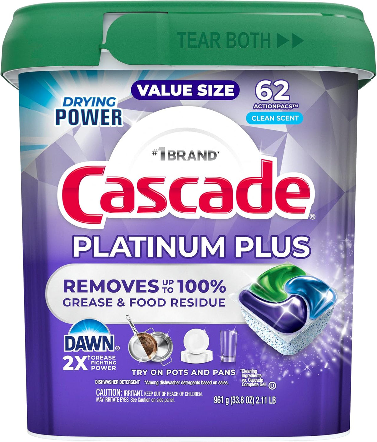 Cascade Platinum Plus Dishwasher Pods, Dish Detergent Soap, Clean Scent, 62 Count
