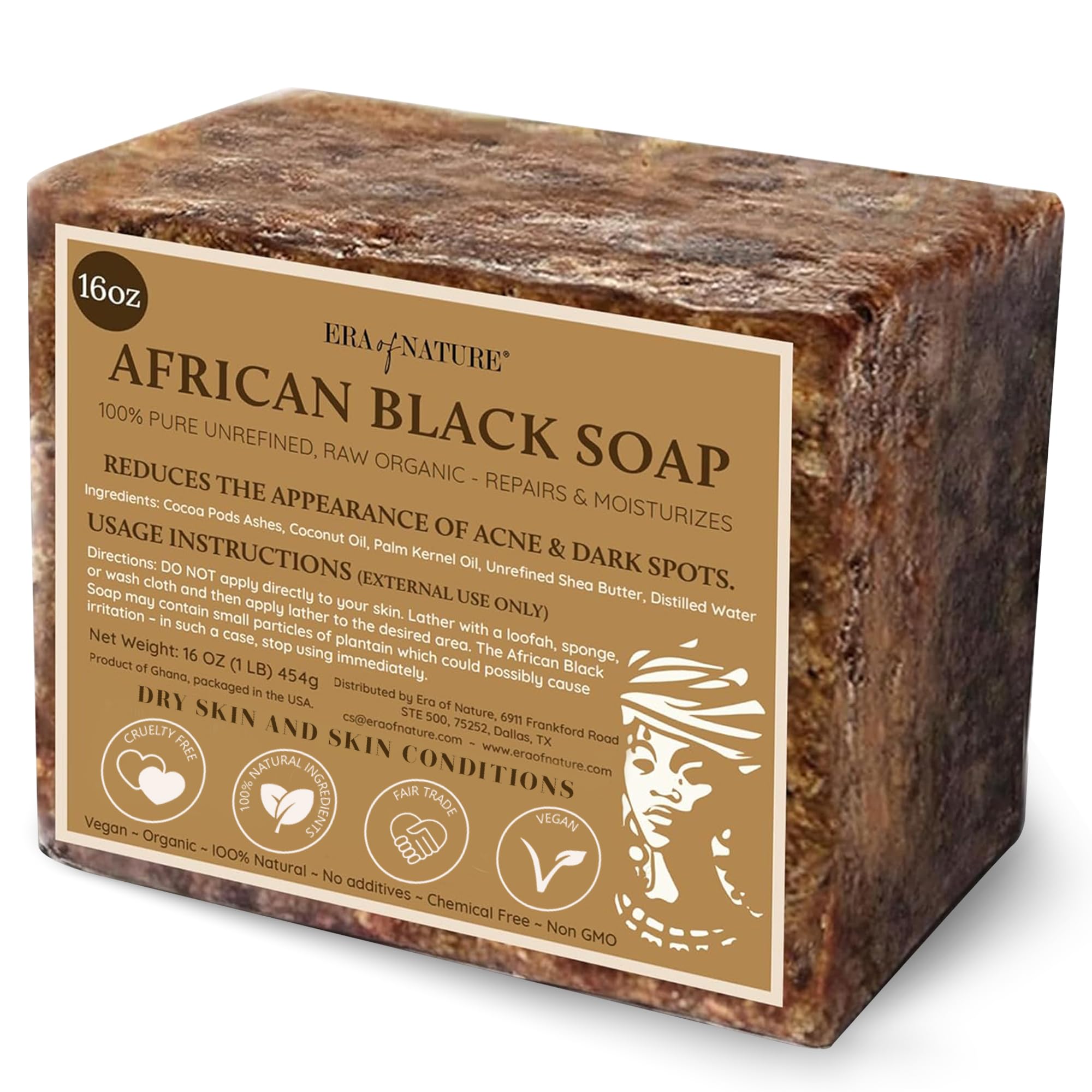 era of nature Best Raw ORGANIC AFRICAN BLACK SOAP, for Dry Skin and Skin Conditions. Pure & Natural Ingredients, Imported From Ghana - 8oz