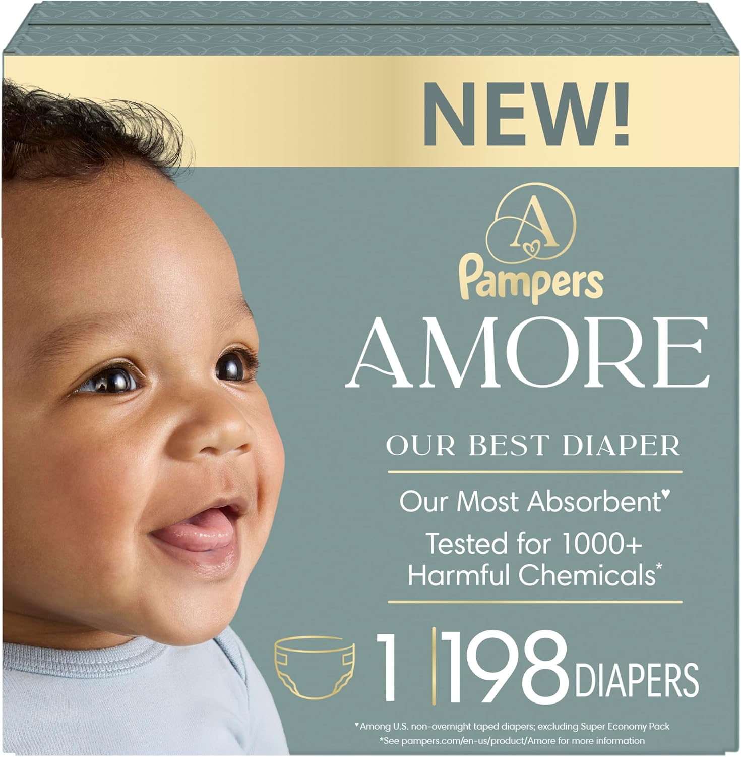 Pampers Amore, Size 4 (15-34 lbs), 150 Count, Our Best Diaper – Hypoallergenic & Fragrance Free, Up to 100% Leakproof, Soft as Cashmere