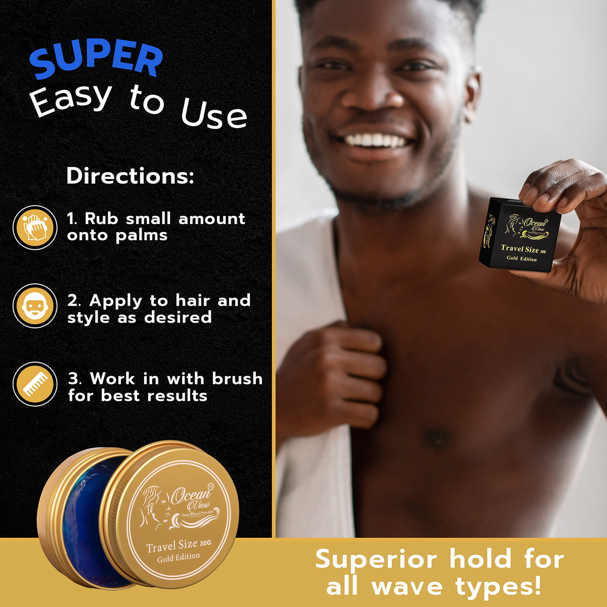 OCEAN VIEW DEEP WAVES POMADE- Water-Based Hair Cream for 360 Wave Training and Wolfing- Silky Smooth Application and Styling, Strong Hold, Easy Wash- Waver and Barber Accessories - 4oz Tin Can