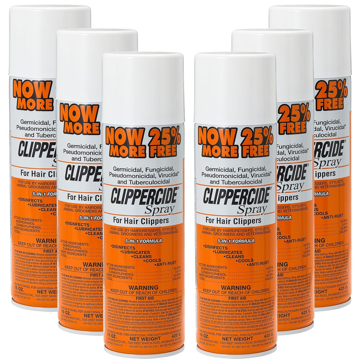 CLIPPERCIDE 5-in-1 Clipper Disinfectant Spray 15oz, 6 Pack | Cleans, Lubricates, Cools, Prevents Rust & Disinfects | Professional Clipper Spray for Barbers, Stylists & Pet Groomers | Made by BARBICIDE
