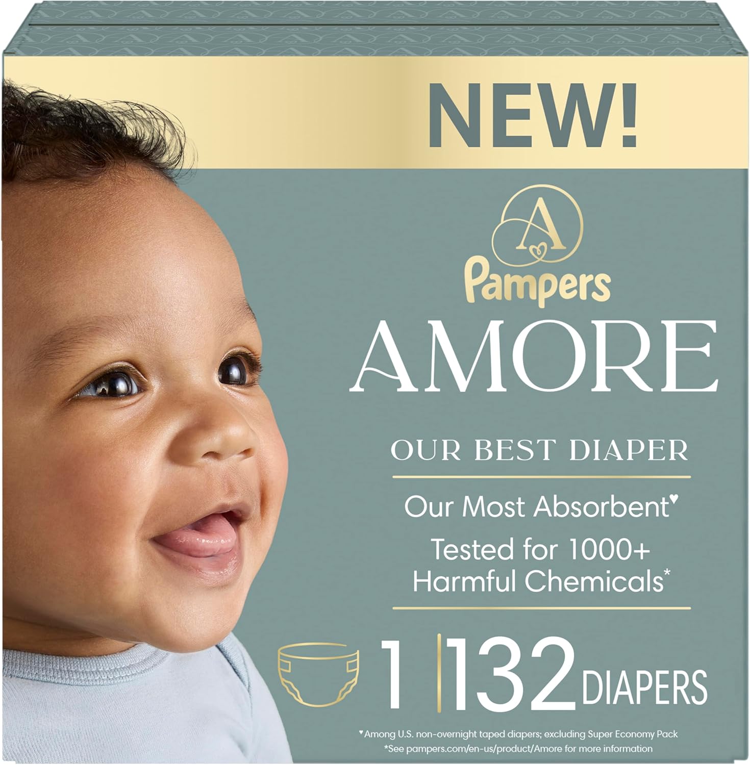 Pampers Amore, Size 4 (15-34 lbs), 150 Count, Our Best Diaper – Hypoallergenic & Fragrance Free, Up to 100% Leakproof, Soft as Cashmere