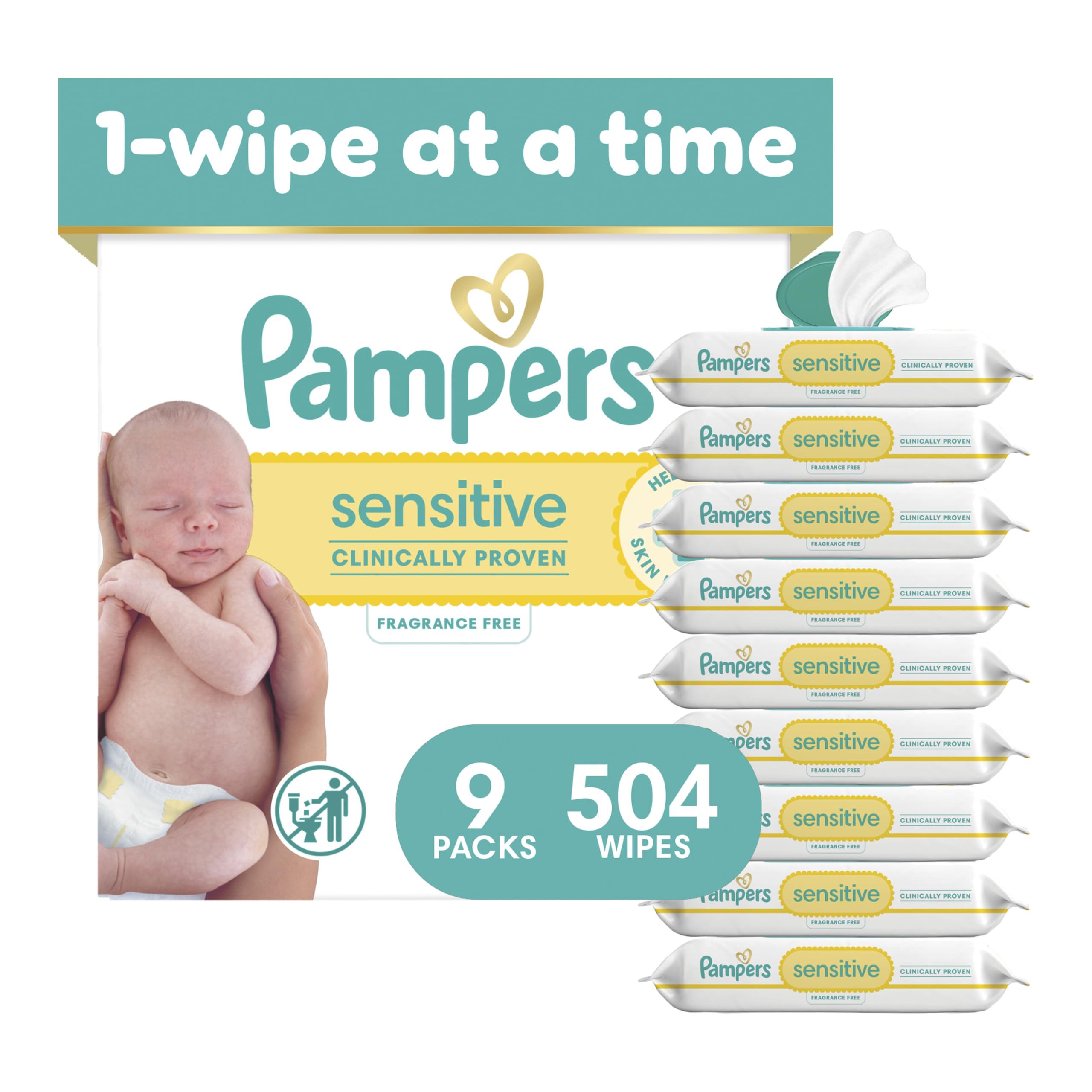 Pampers Sensitive Baby Wipes, Clinically Proven, Fragrance Free, Unscented, Water Based, Hypoallergenic, Multi-Use, Hand Wipes 1008 Wipes Total (18X Flip-Top Packs) [Packaging May Vary]
