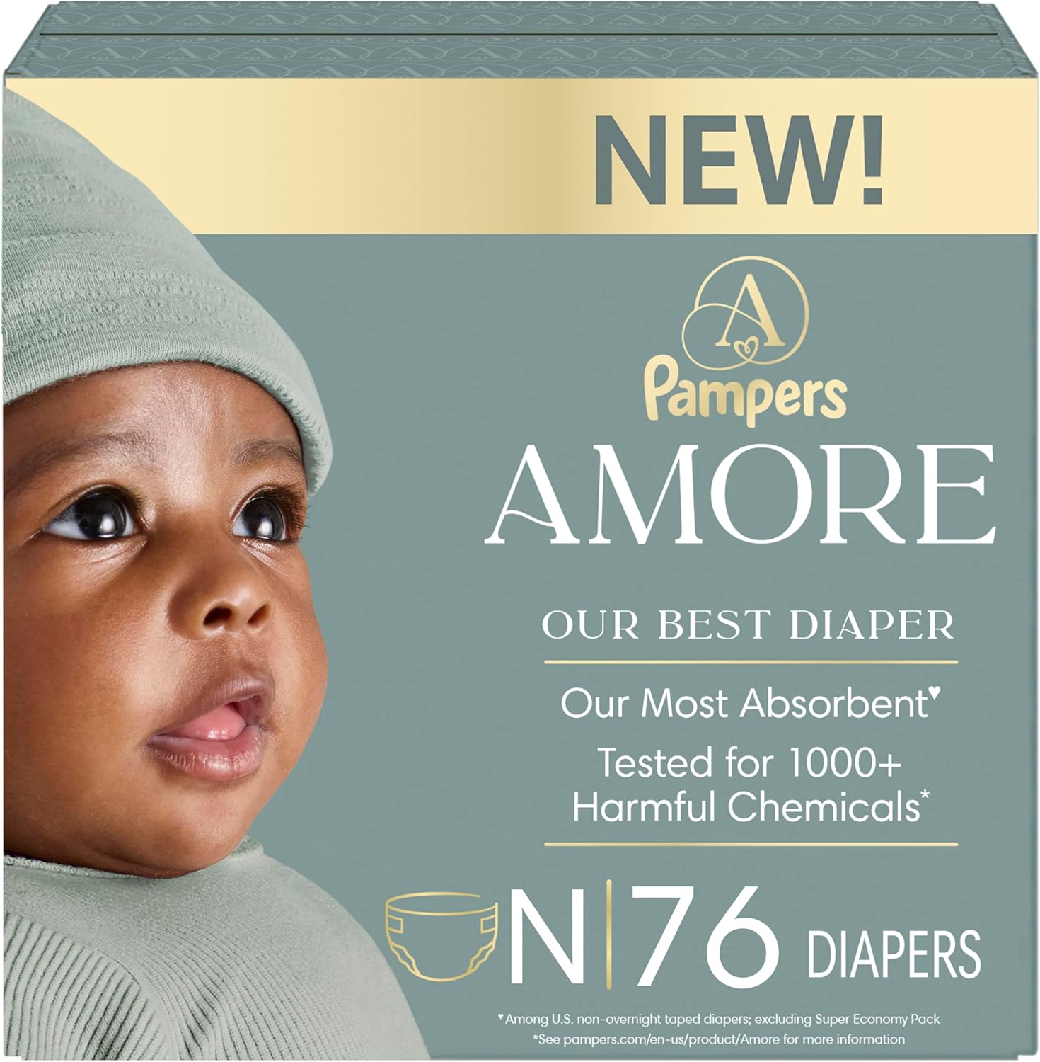 Pampers Amore, Size 4 (15-34 lbs), 150 Count, Our Best Diaper – Hypoallergenic & Fragrance Free, Up to 100% Leakproof, Soft as Cashmere