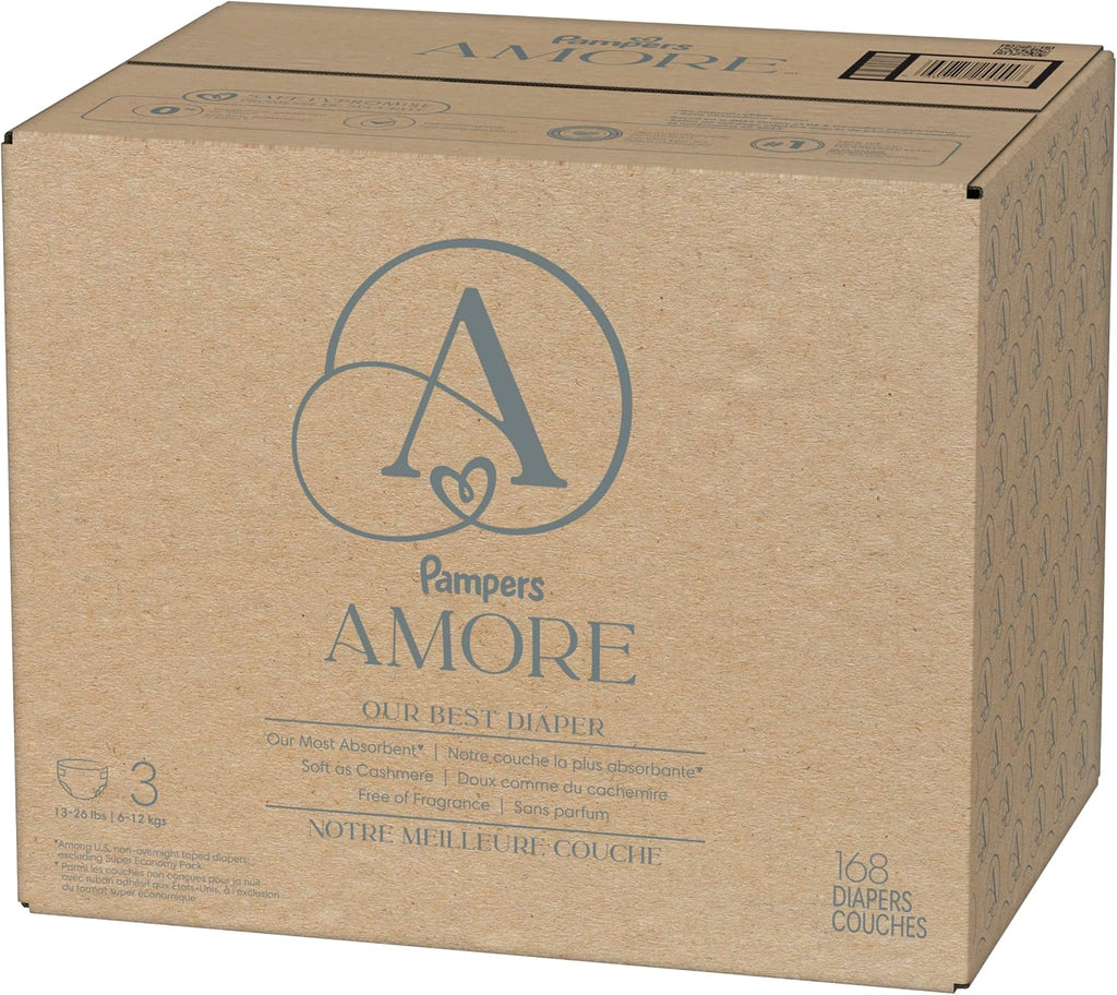 Pampers Amore, Size 4 (15-34 lbs), 150 Count, Our Best Diaper – Hypoallergenic & Fragrance Free, Up to 100% Leakproof, Soft as Cashmere