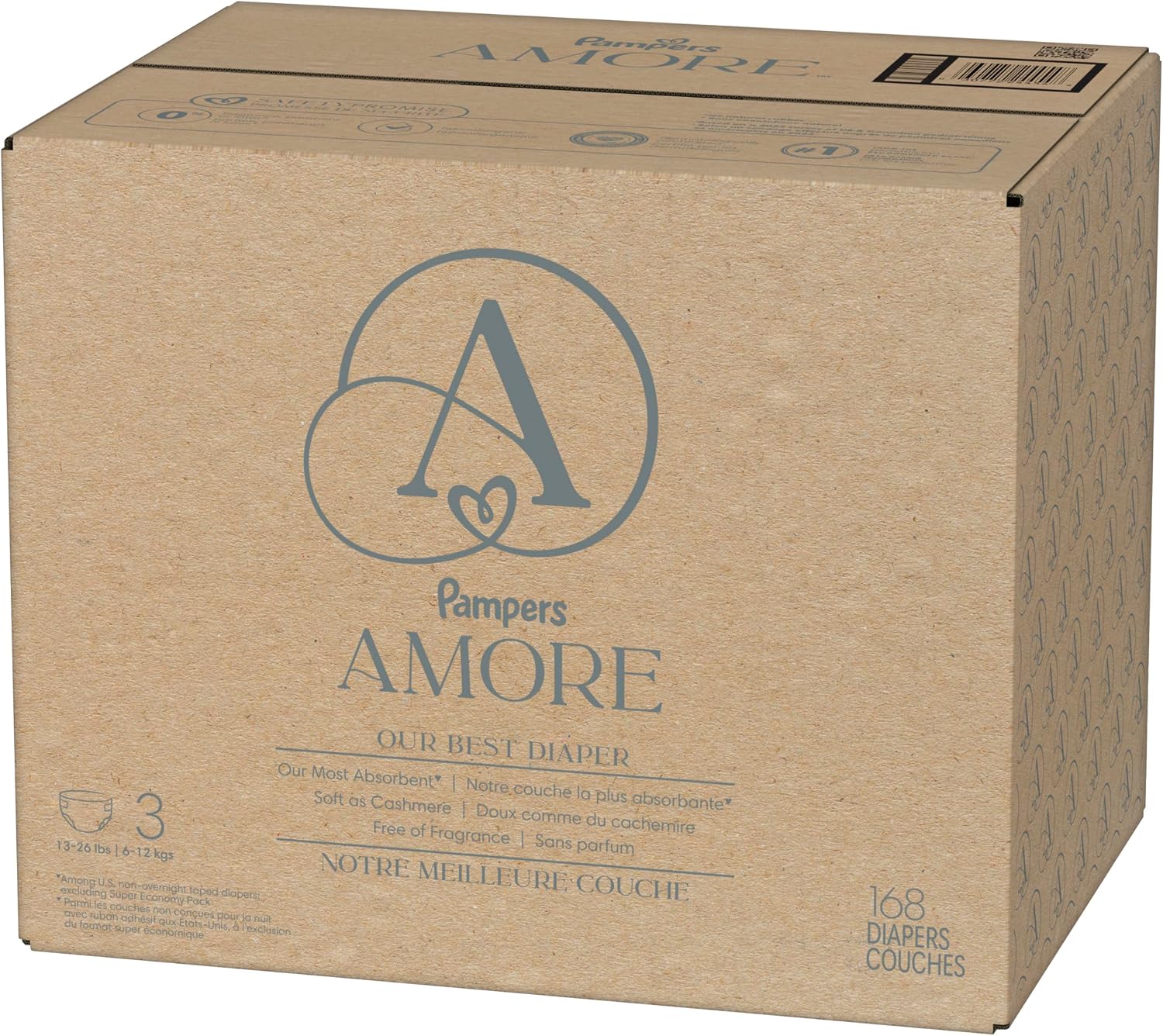Pampers Amore, Size 4 (15-34 lbs), 150 Count, Our Best Diaper – Hypoallergenic & Fragrance Free, Up to 100% Leakproof, Soft as Cashmere