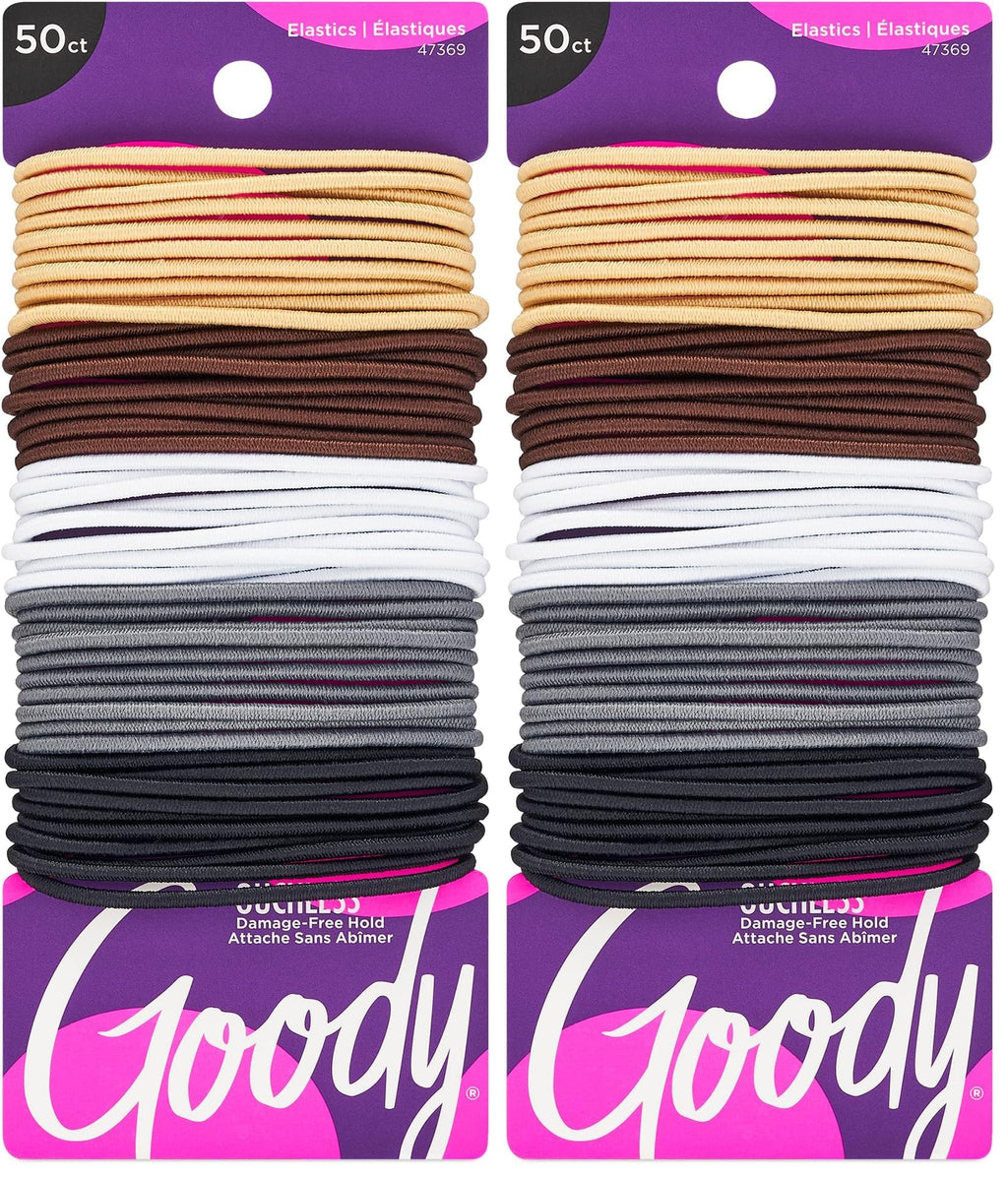 Goody Ouchless Hair Elastics – No Pull, No Breakage, Tangle-Free Hold for Fine Hair – 50 Count, Assorted Neutrals, Long-Lasting Ponytail Holders for Women & Men