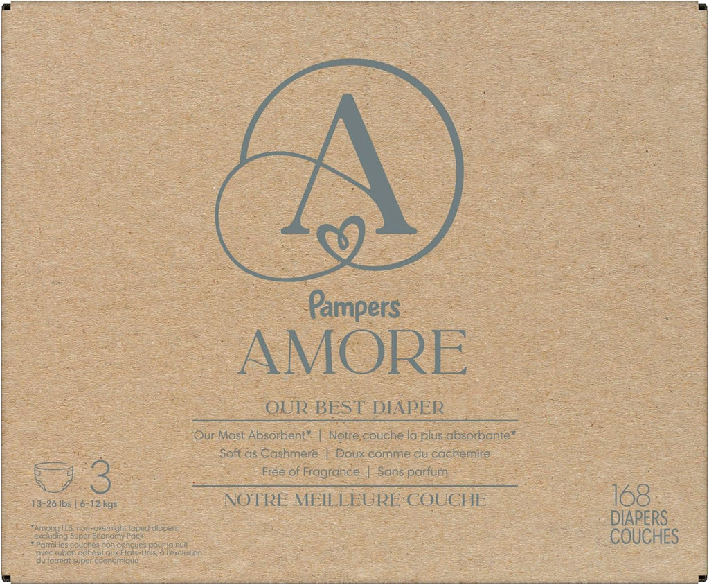 Pampers Amore, Size 4 (15-34 lbs), 150 Count, Our Best Diaper – Hypoallergenic & Fragrance Free, Up to 100% Leakproof, Soft as Cashmere
